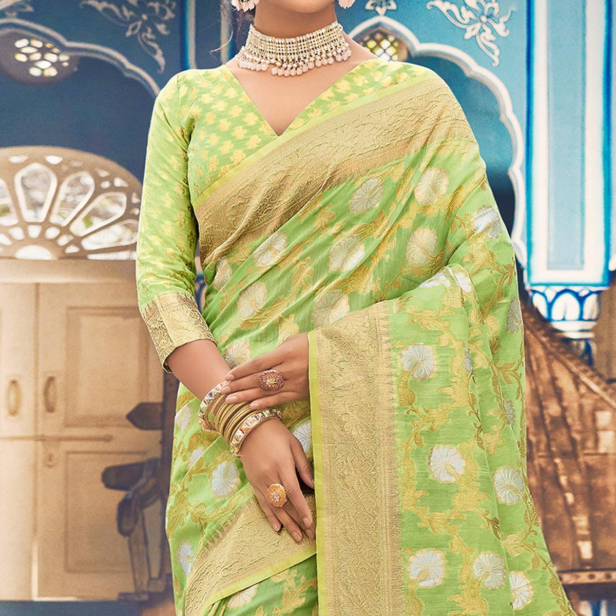 Green Festive Wear Woven Linen Saree - Peachmode