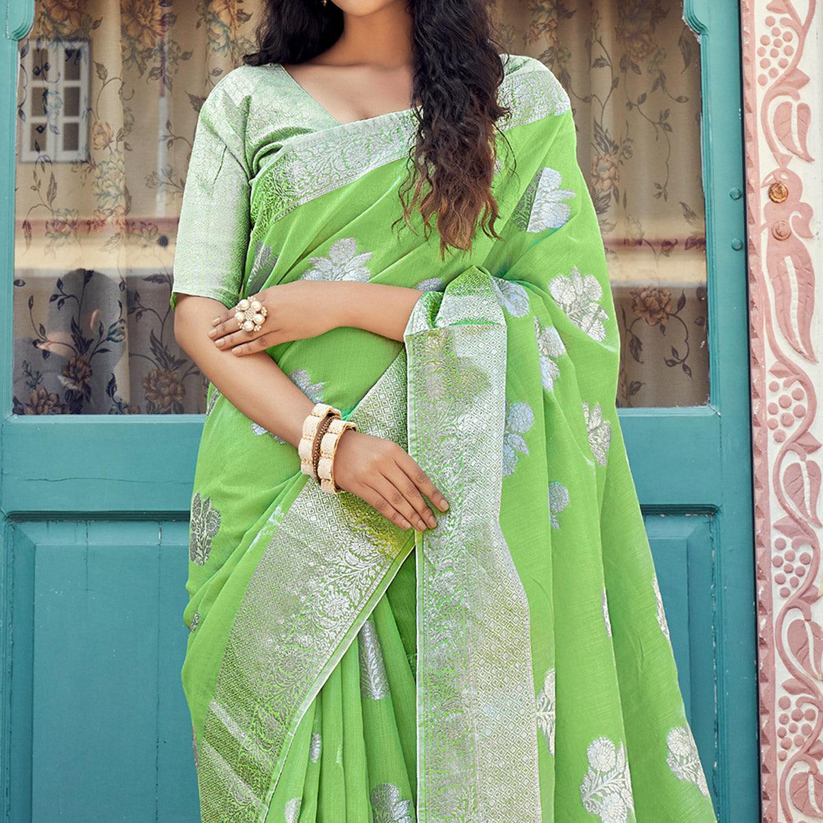 Green Festive Wear Woven Linen Saree - Peachmode