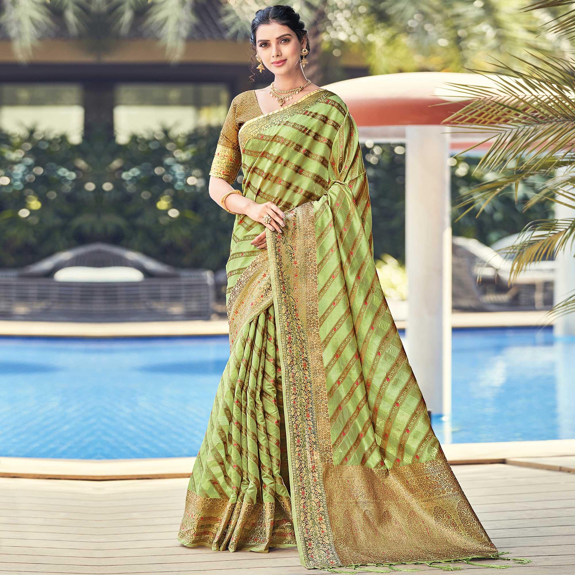 Green Festive Wear Woven Organza Saree - Peachmode