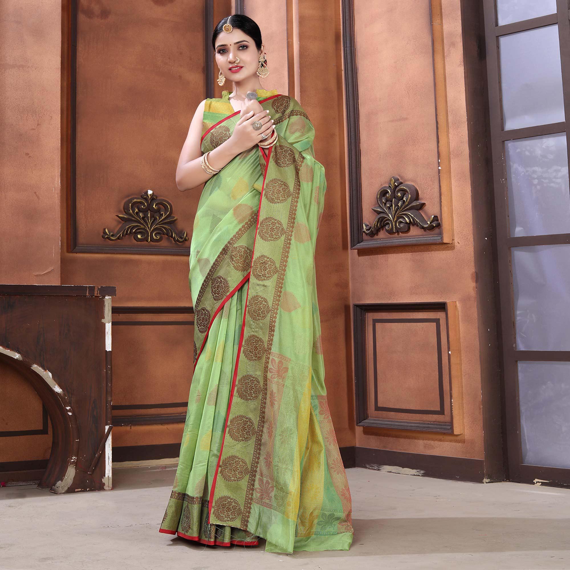 Green Festive Wear Woven Organza Saree - Peachmode