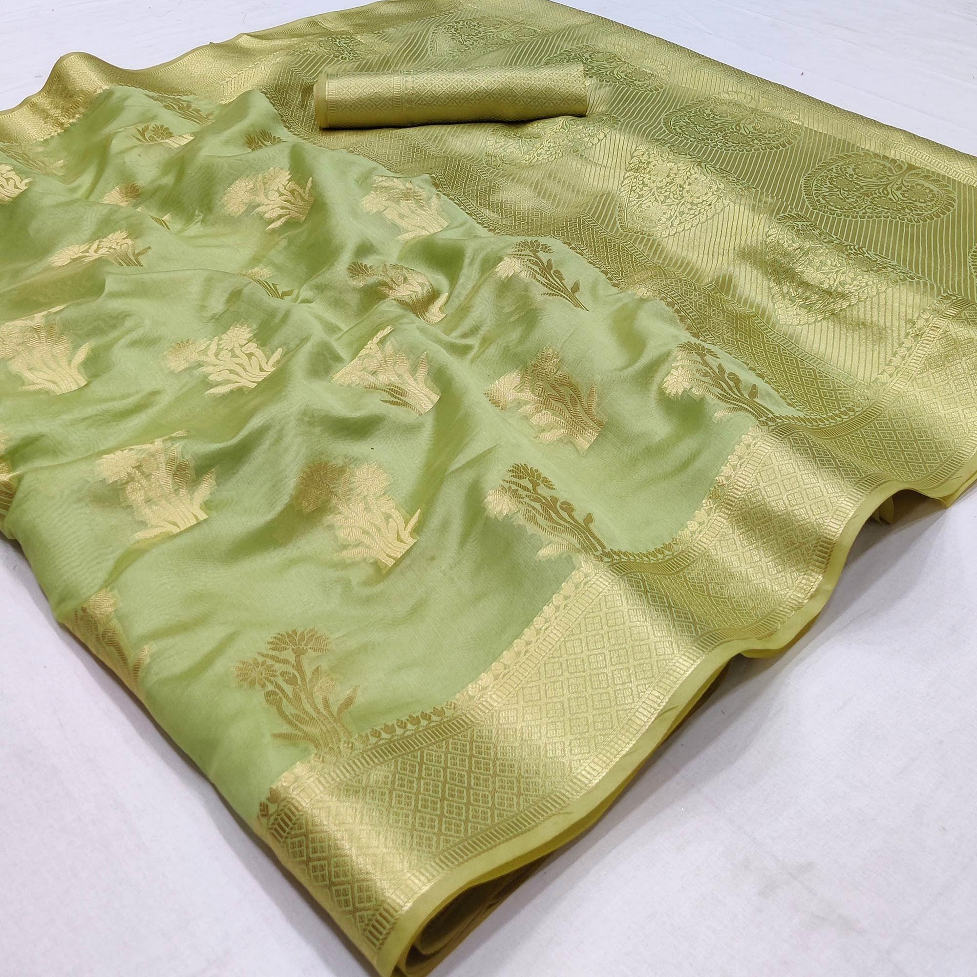 Green Festive Wear Woven Organza Saree - Peachmode