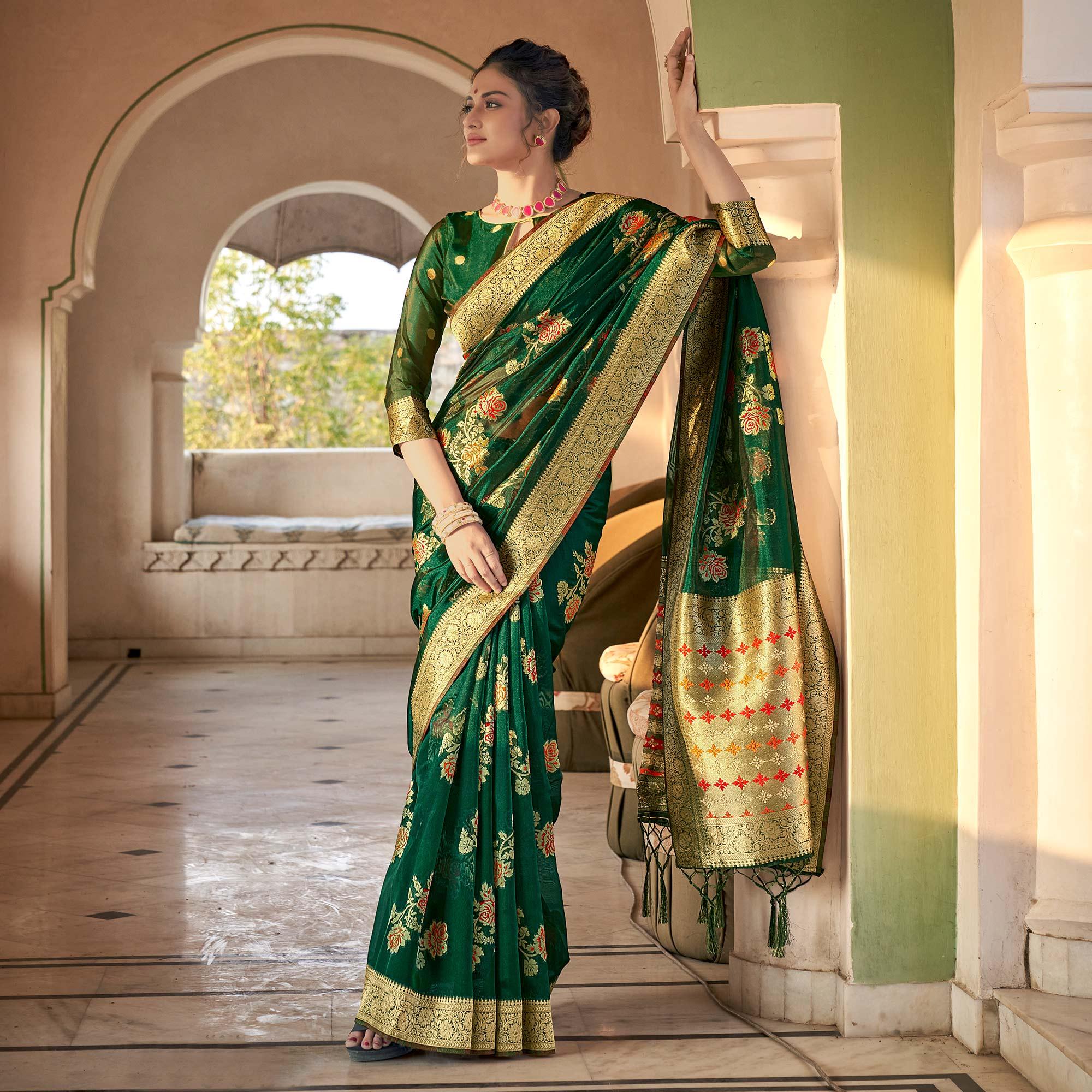 Green Festive Wear Woven Organza Saree - Peachmode