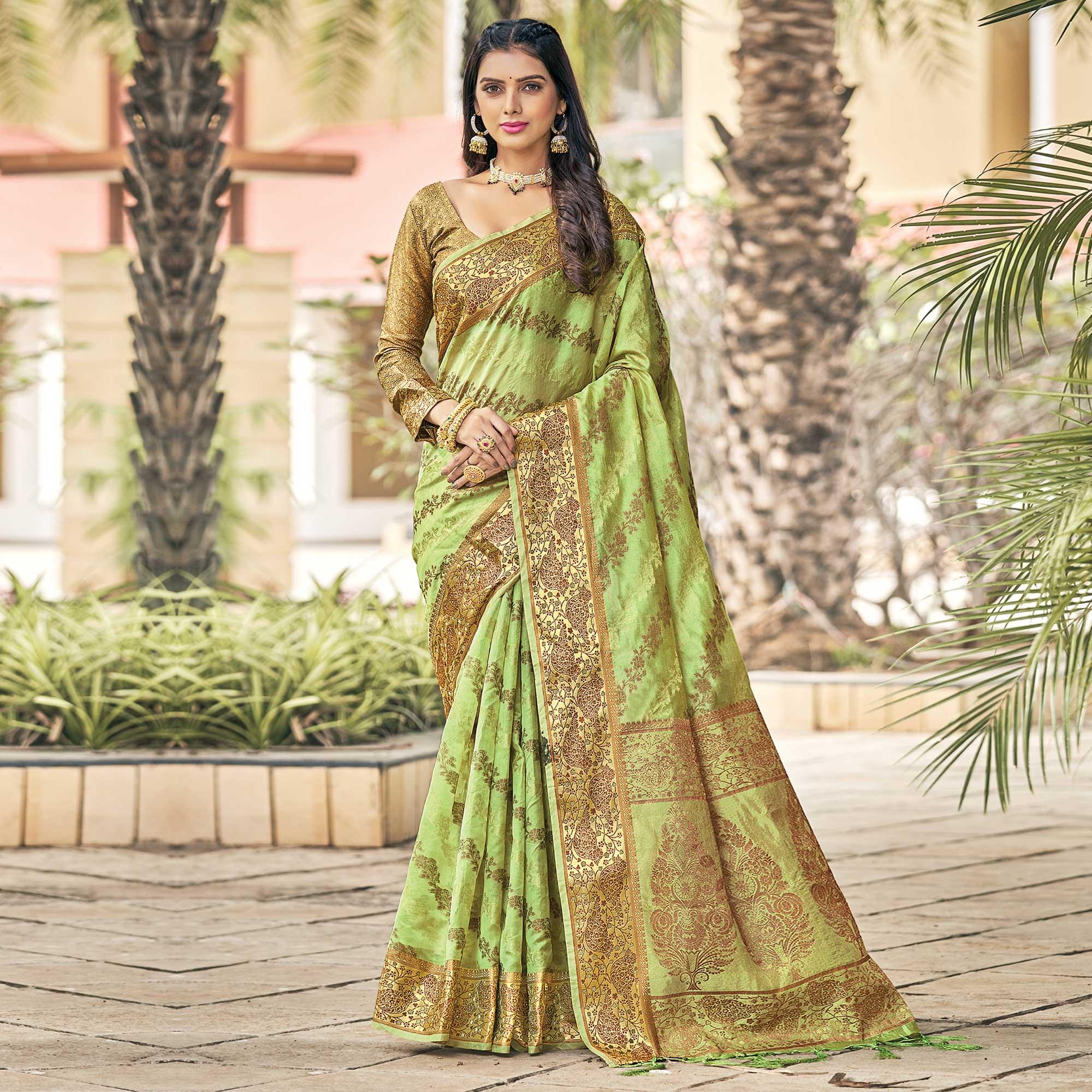 Green Festive Wear Woven Organza Saree - Peachmode