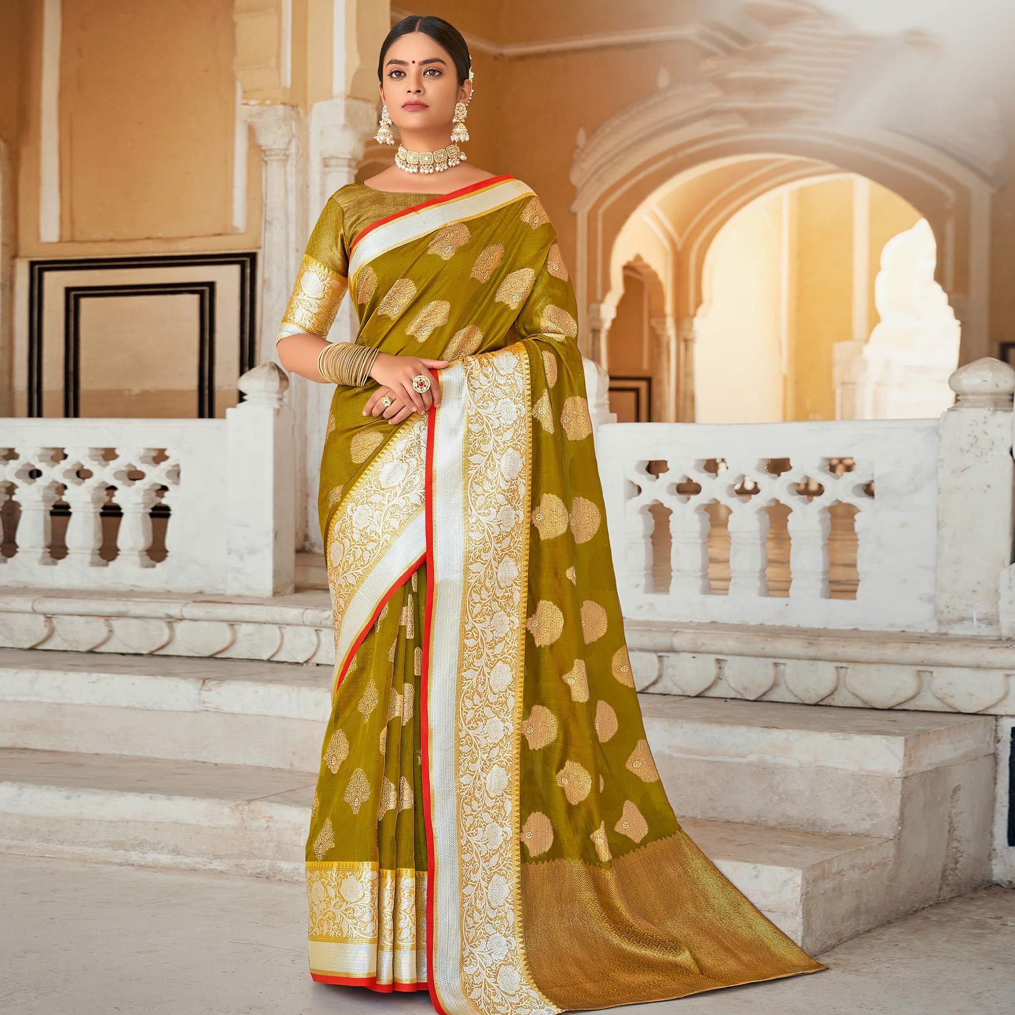 Green Festive Wear Woven Organza Saree - Peachmode