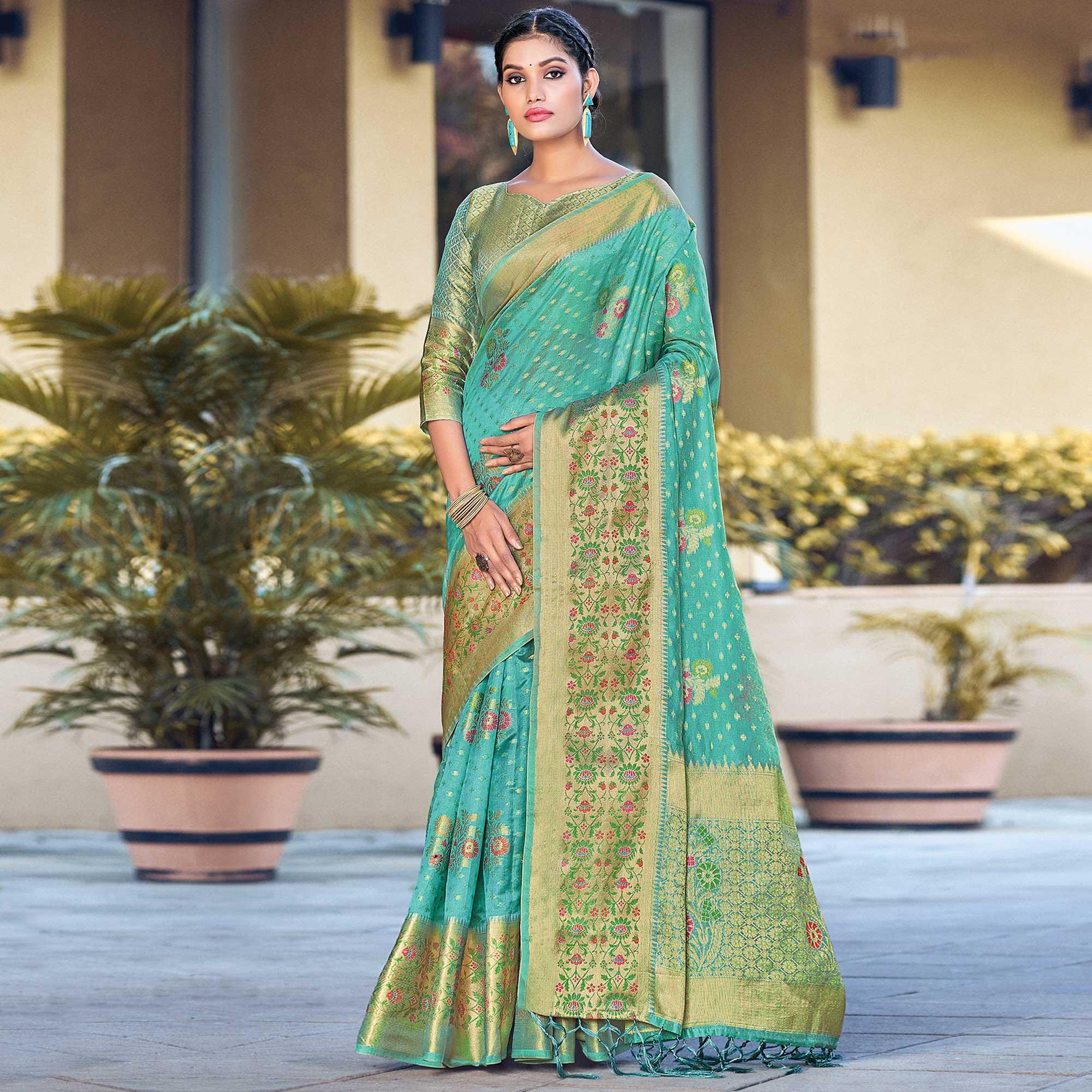Green Festive Wear Woven Organza Saree - Peachmode
