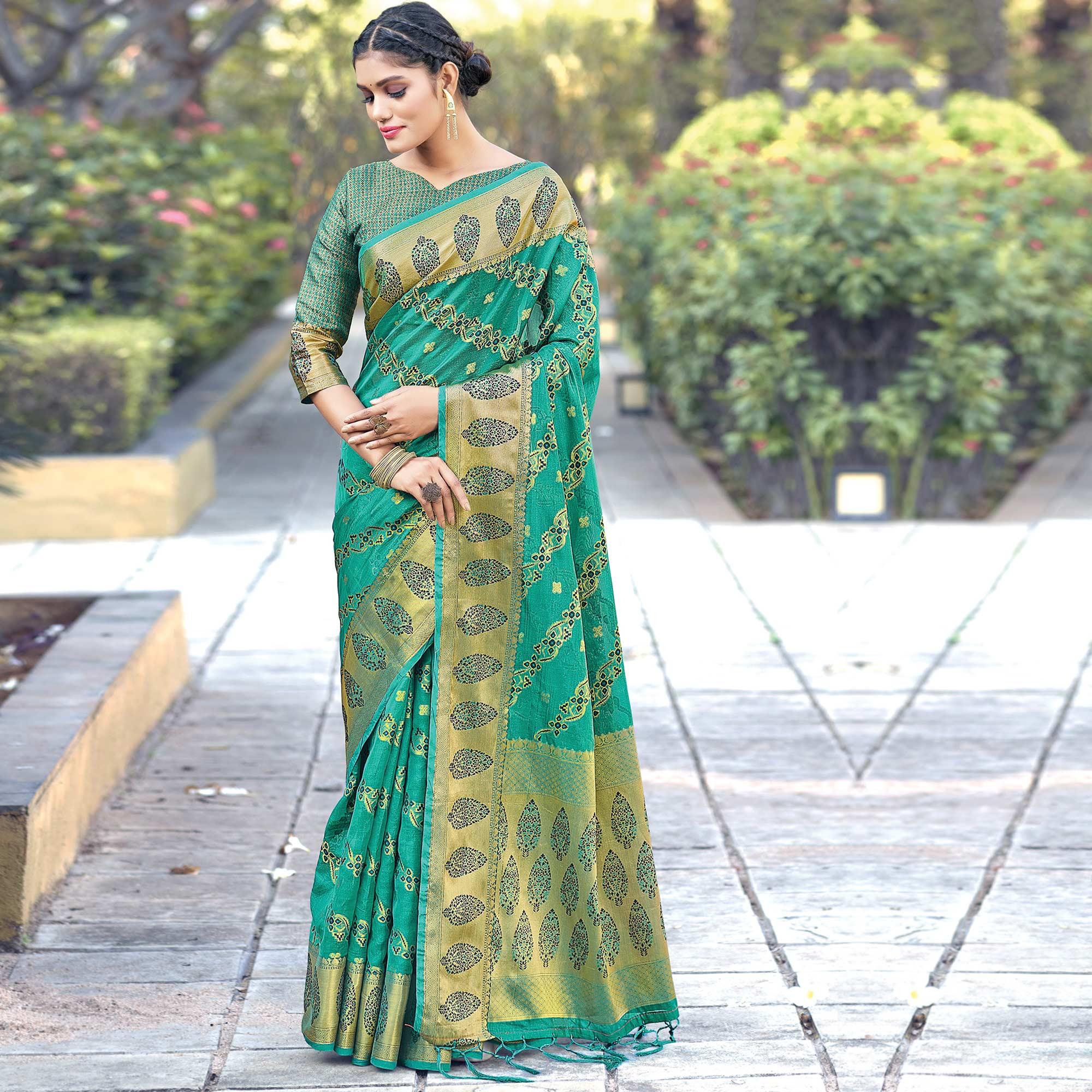 Green Festive Wear Woven Organza Saree - Peachmode