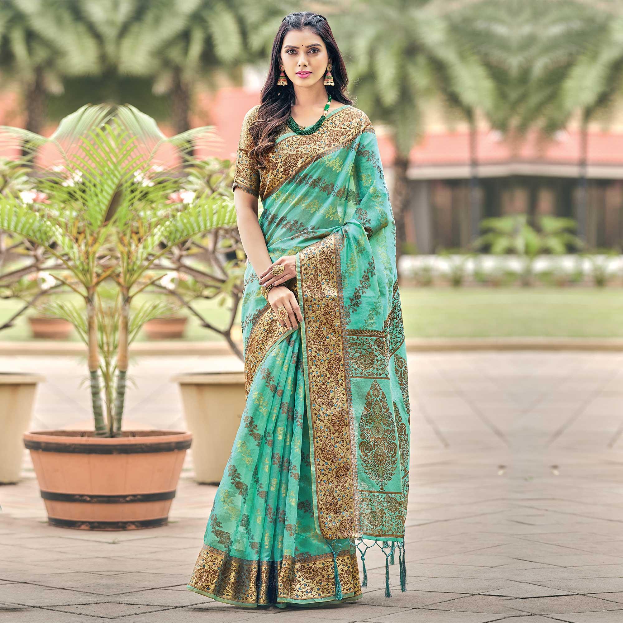 Green Festive Wear Woven Organza Saree - Peachmode