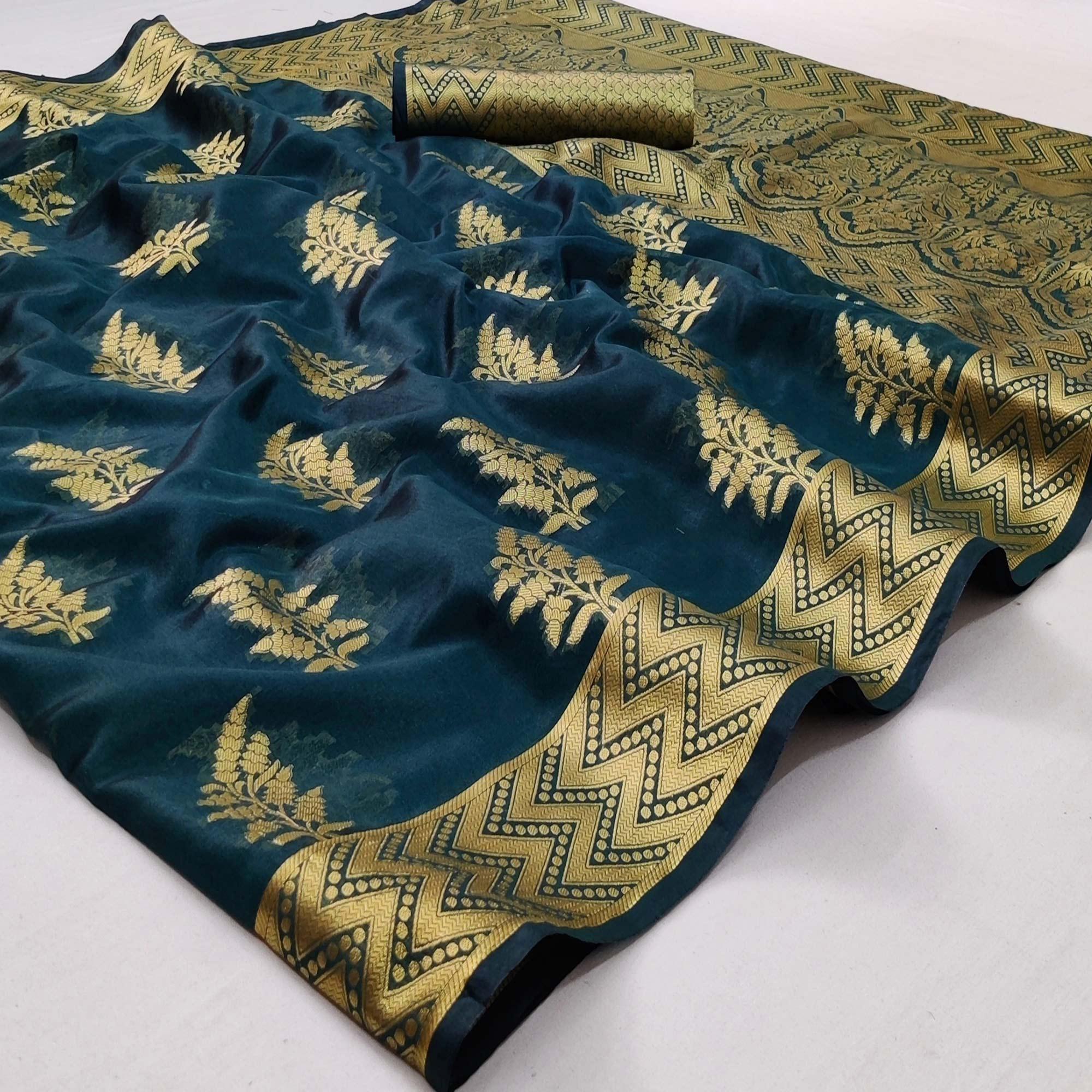 Green Festive Wear Woven Organza Saree - Peachmode