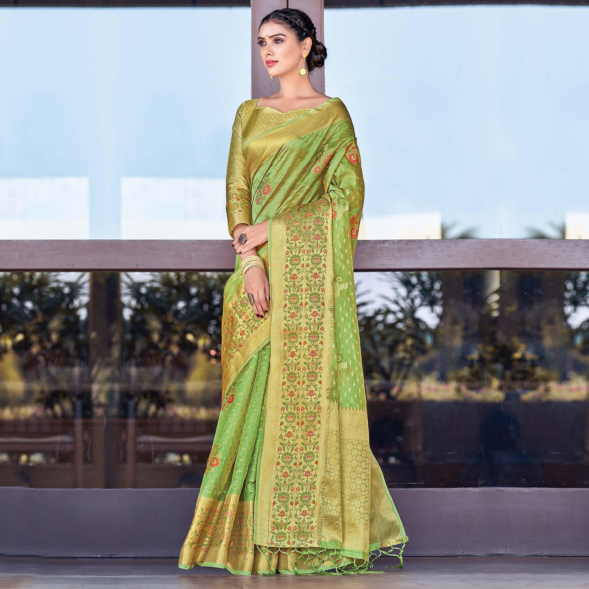 Green Festive Wear Woven Organza Saree - Peachmode