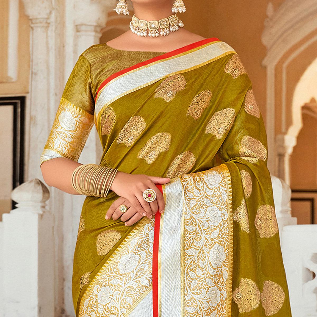 Green Festive Wear Woven Organza Saree - Peachmode