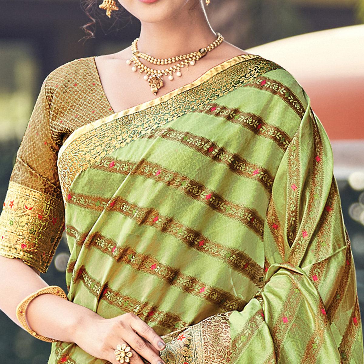 Green Festive Wear Woven Organza Saree - Peachmode