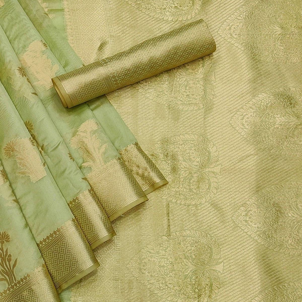 Green Festive Wear Woven Organza Saree - Peachmode