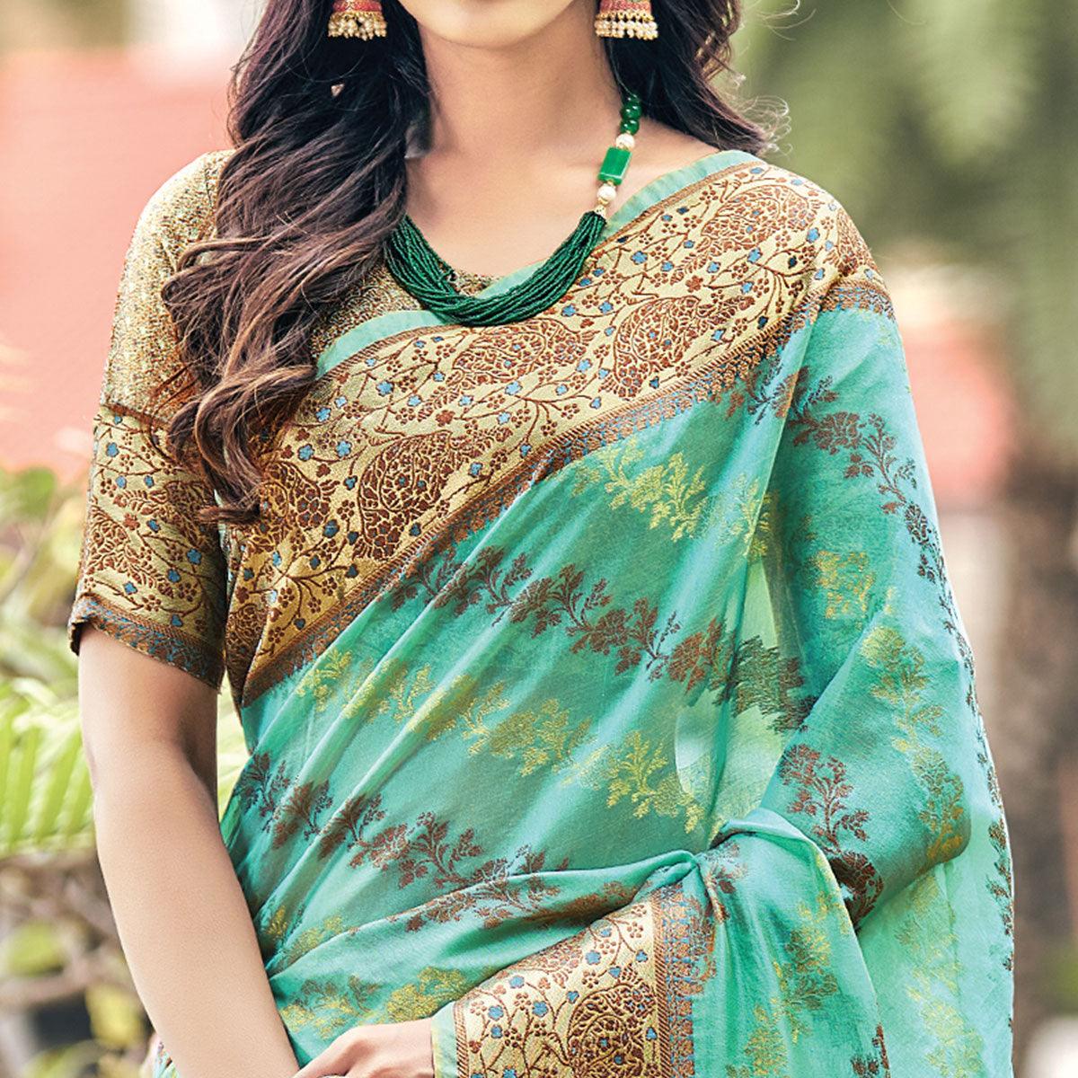 Green Festive Wear Woven Organza Saree - Peachmode