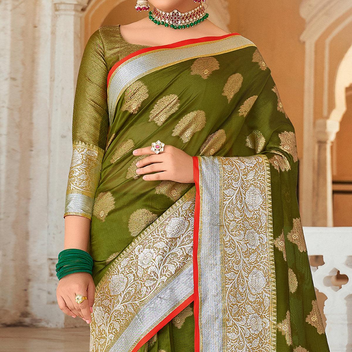 Green Festive Wear Woven Organza Saree - Peachmode