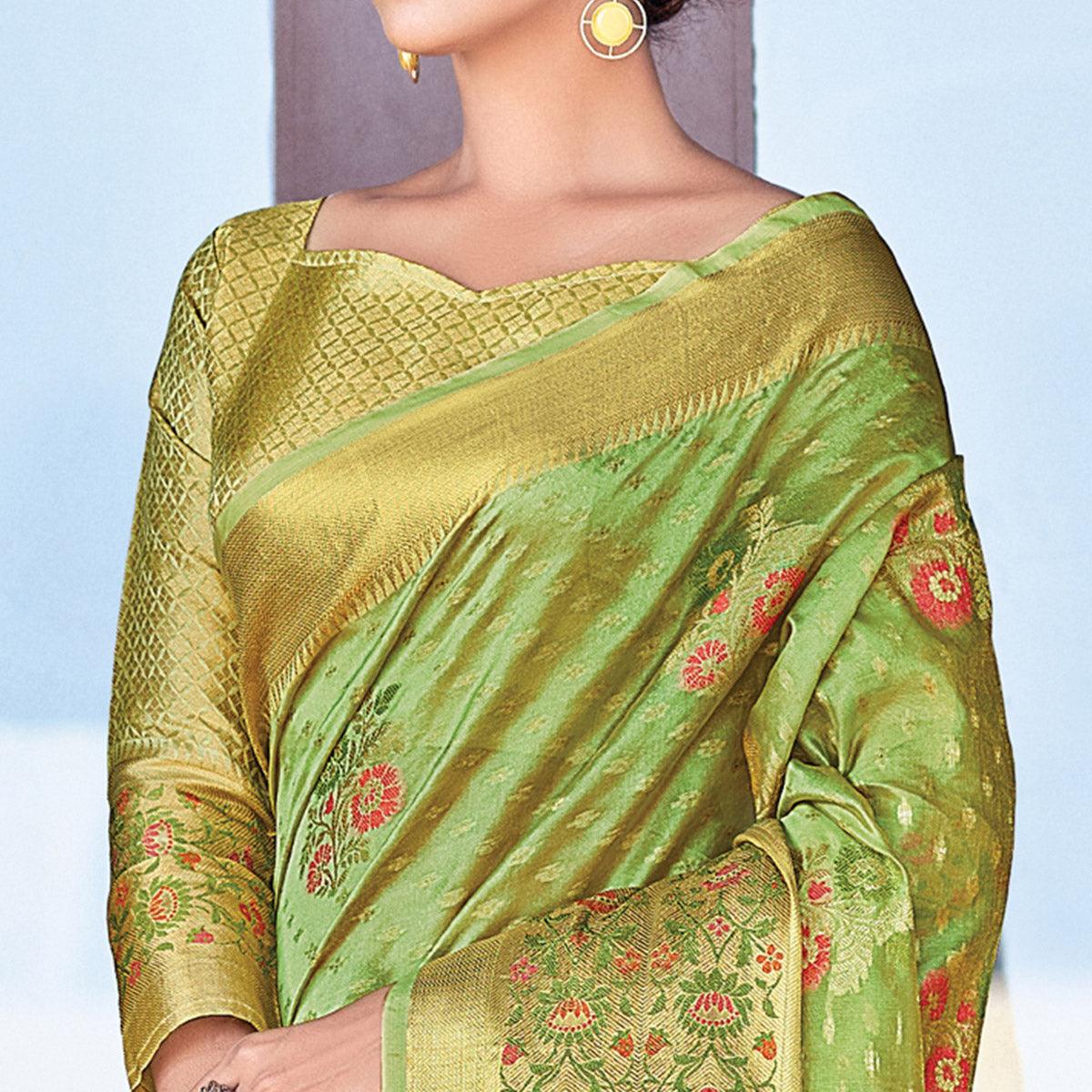 Green Festive Wear Woven Organza Saree - Peachmode