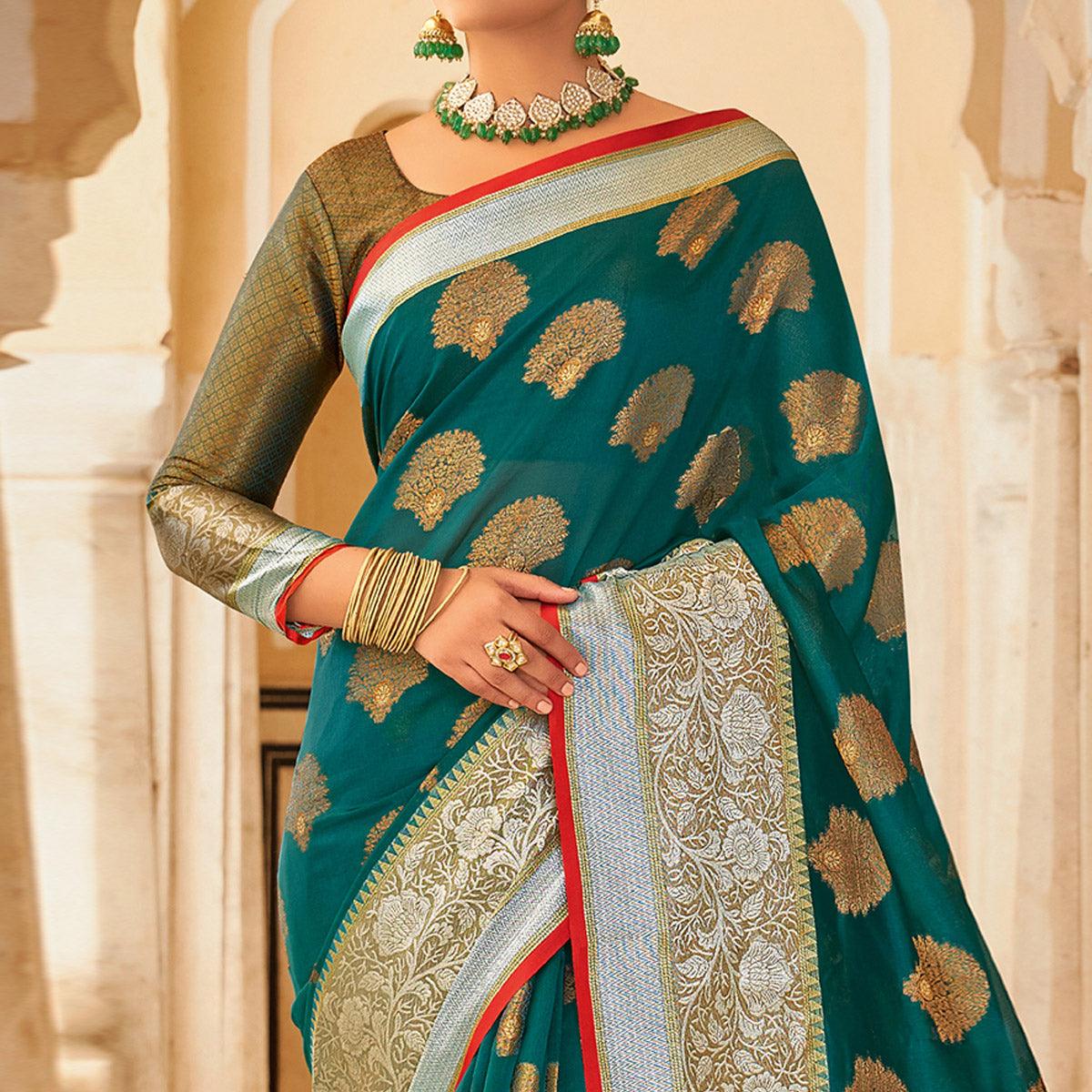 Green Festive Wear Woven Organza Saree - Peachmode