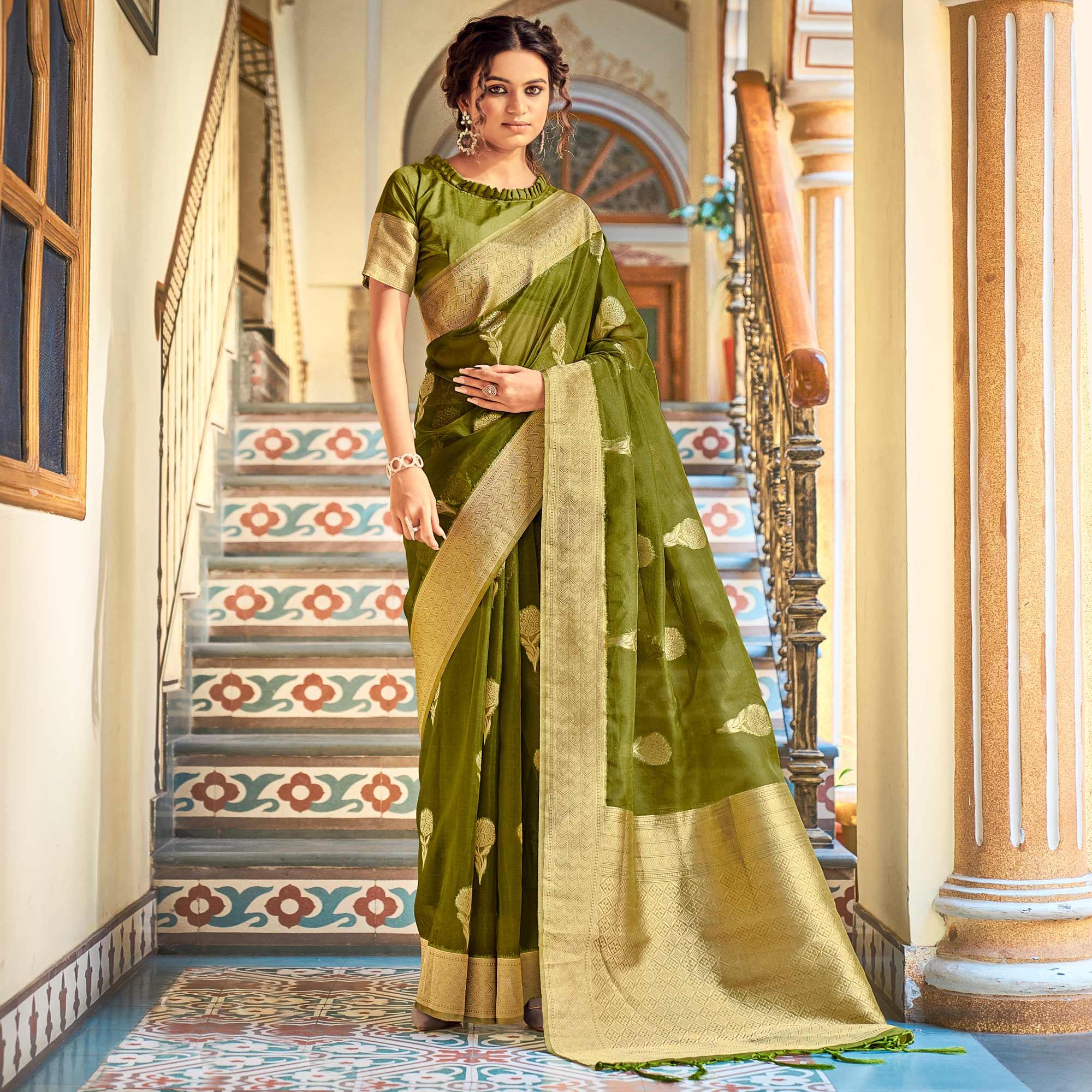 Green Festive Wear Woven Organza Saree - Peachmode