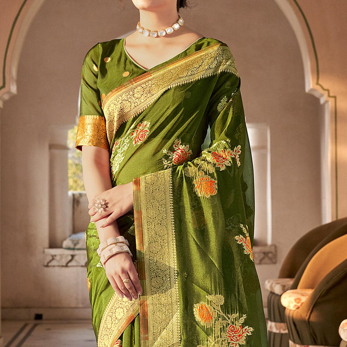 Green Festive Wear Woven Organza Saree - Peachmode