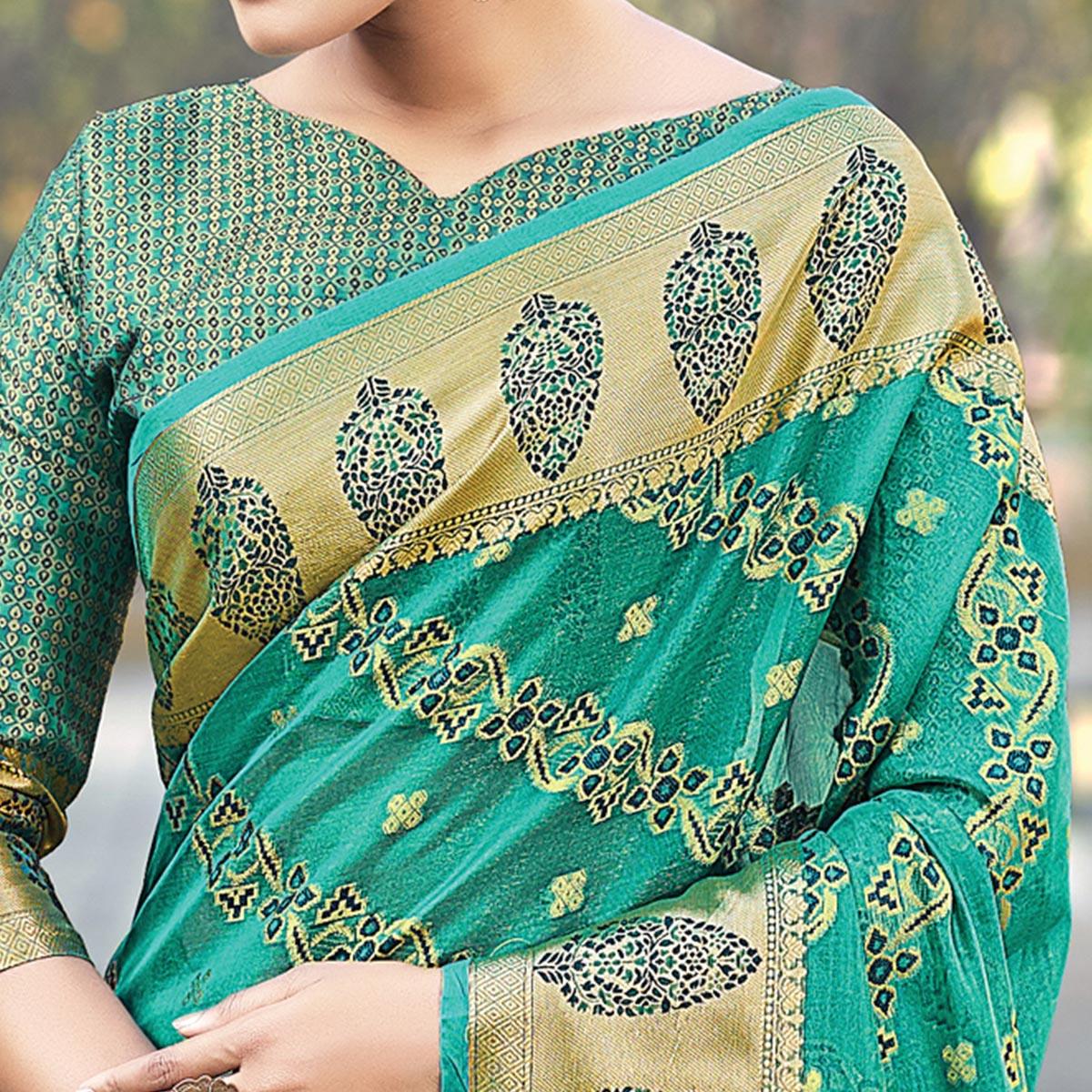 Green Festive Wear Woven Organza Saree - Peachmode