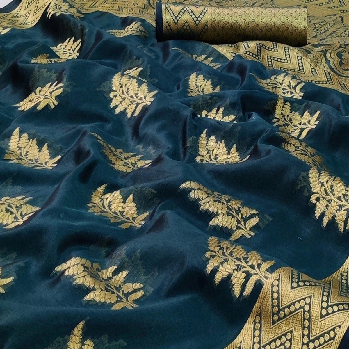 Green Festive Wear Woven Organza Saree - Peachmode