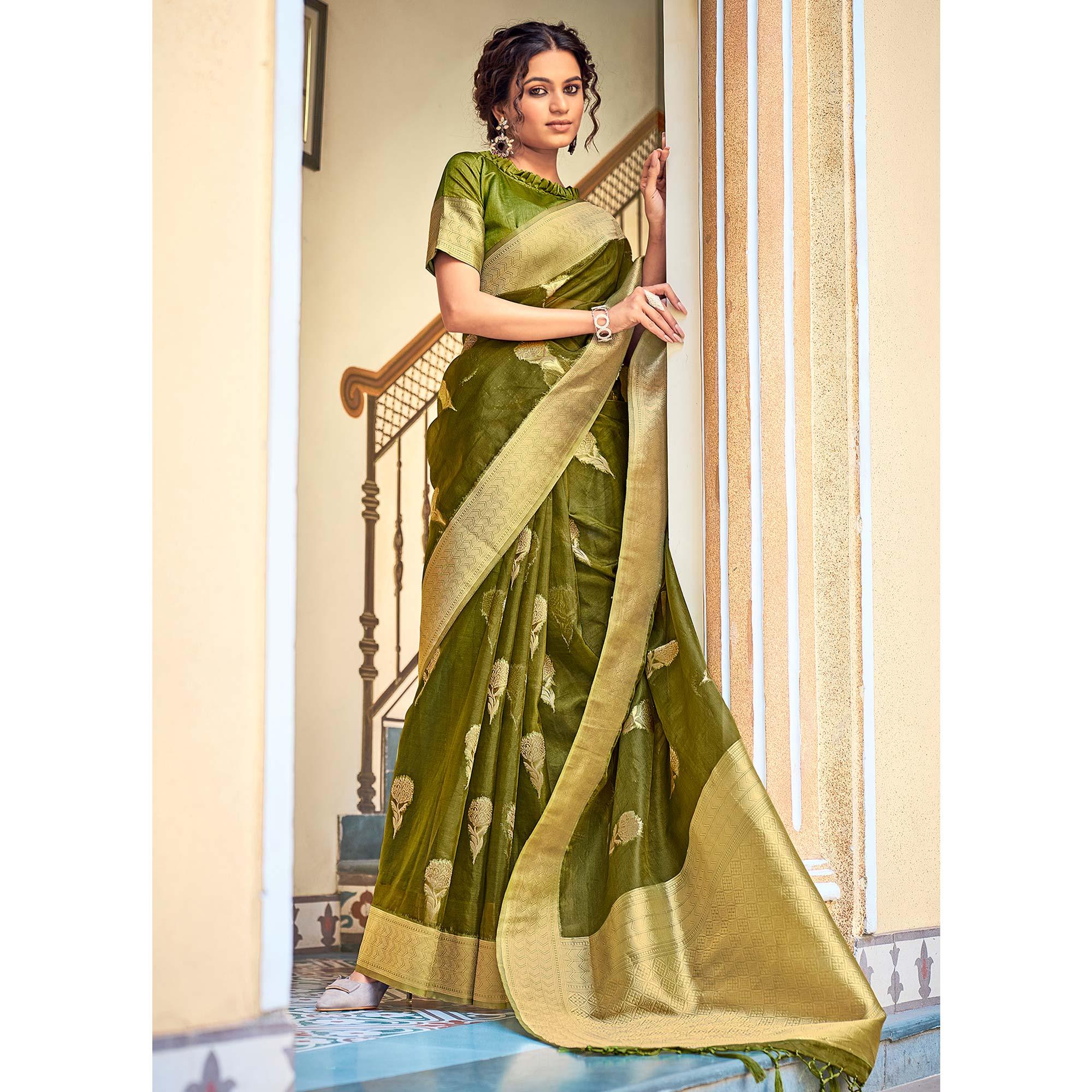 Green Festive Wear Woven Organza Saree - Peachmode