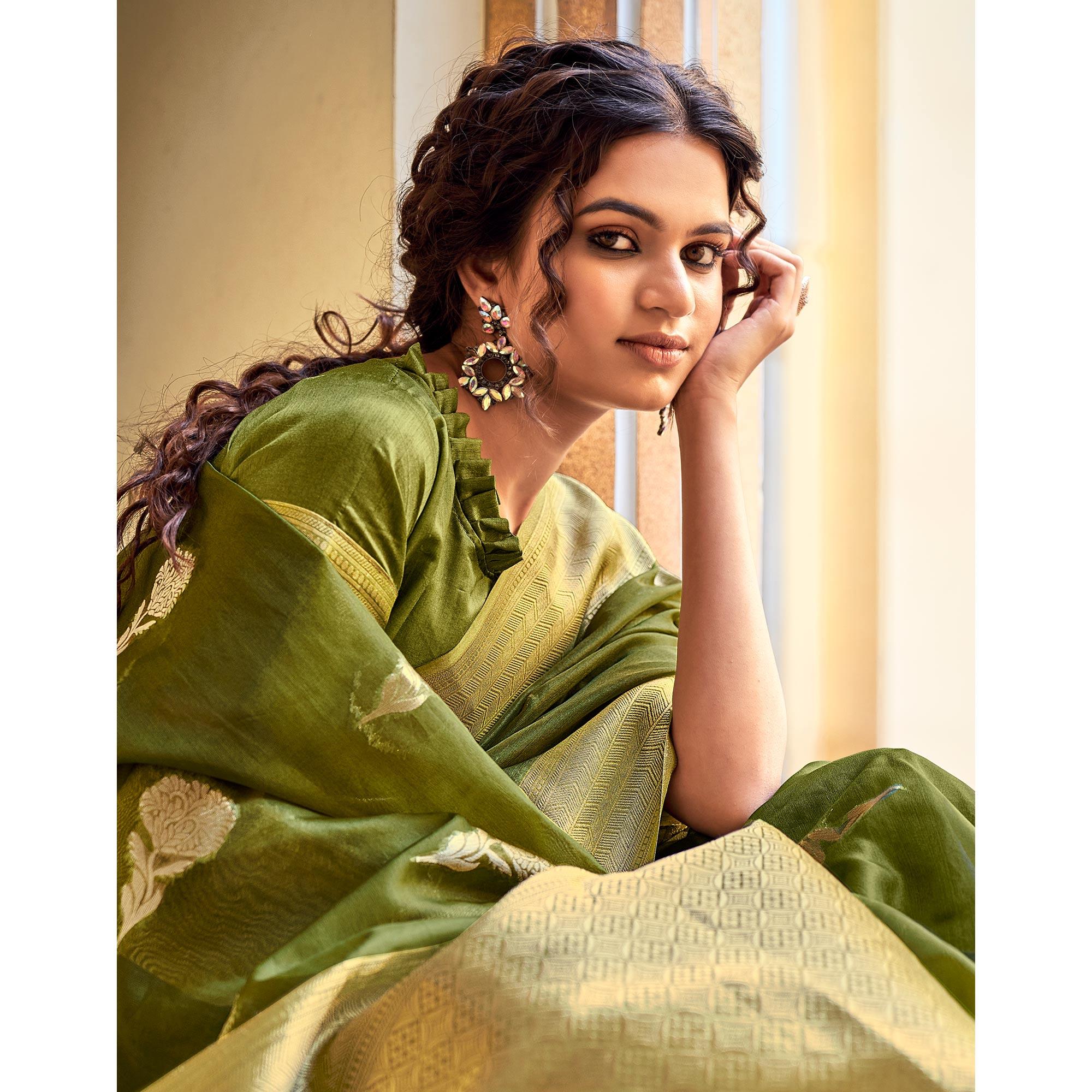 Green Festive Wear Woven Organza Saree - Peachmode