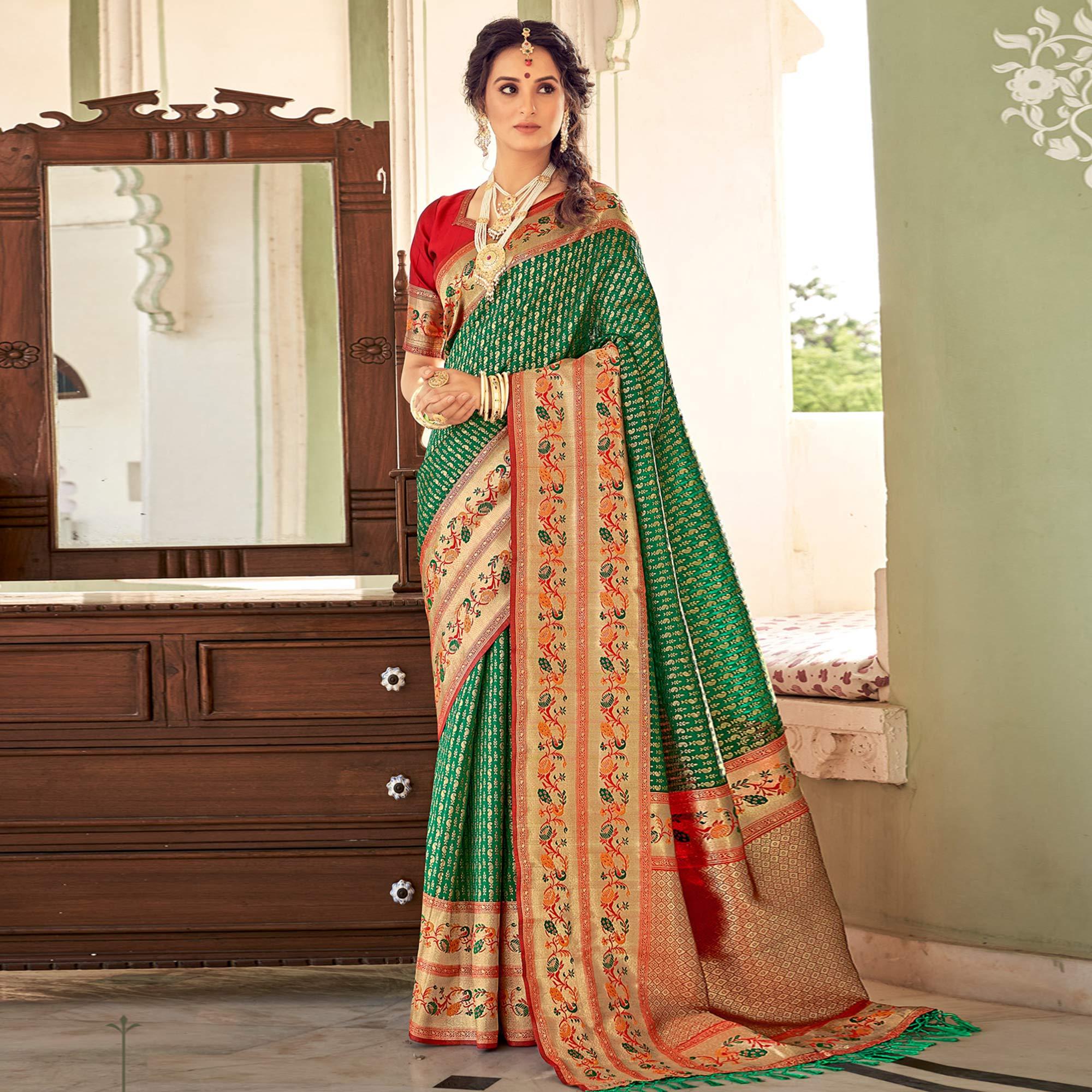 Green Festive Wear Woven Paithani Silk Saree - Peachmode