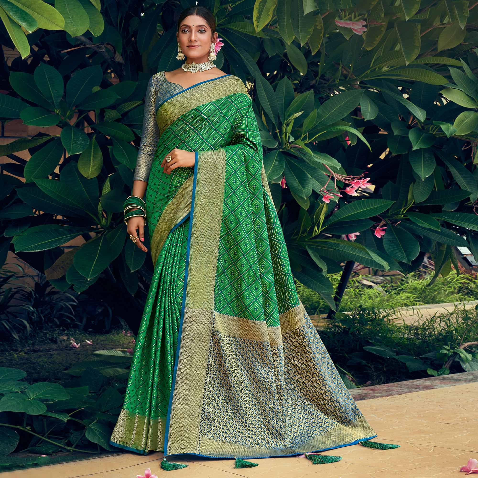 Green Festive Wear Woven Patola Silk Saree - Peachmode