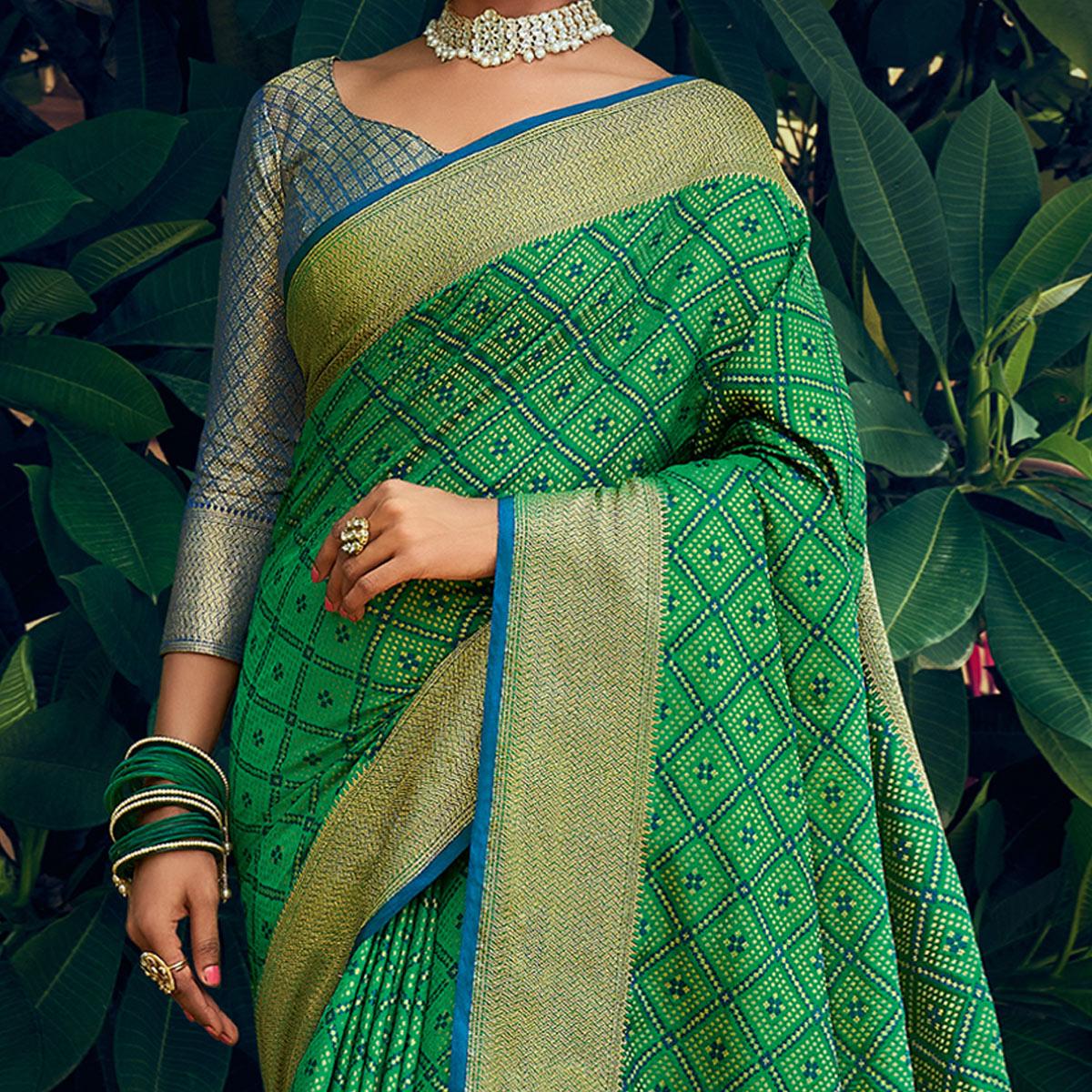 Green Festive Wear Woven Patola Silk Saree - Peachmode