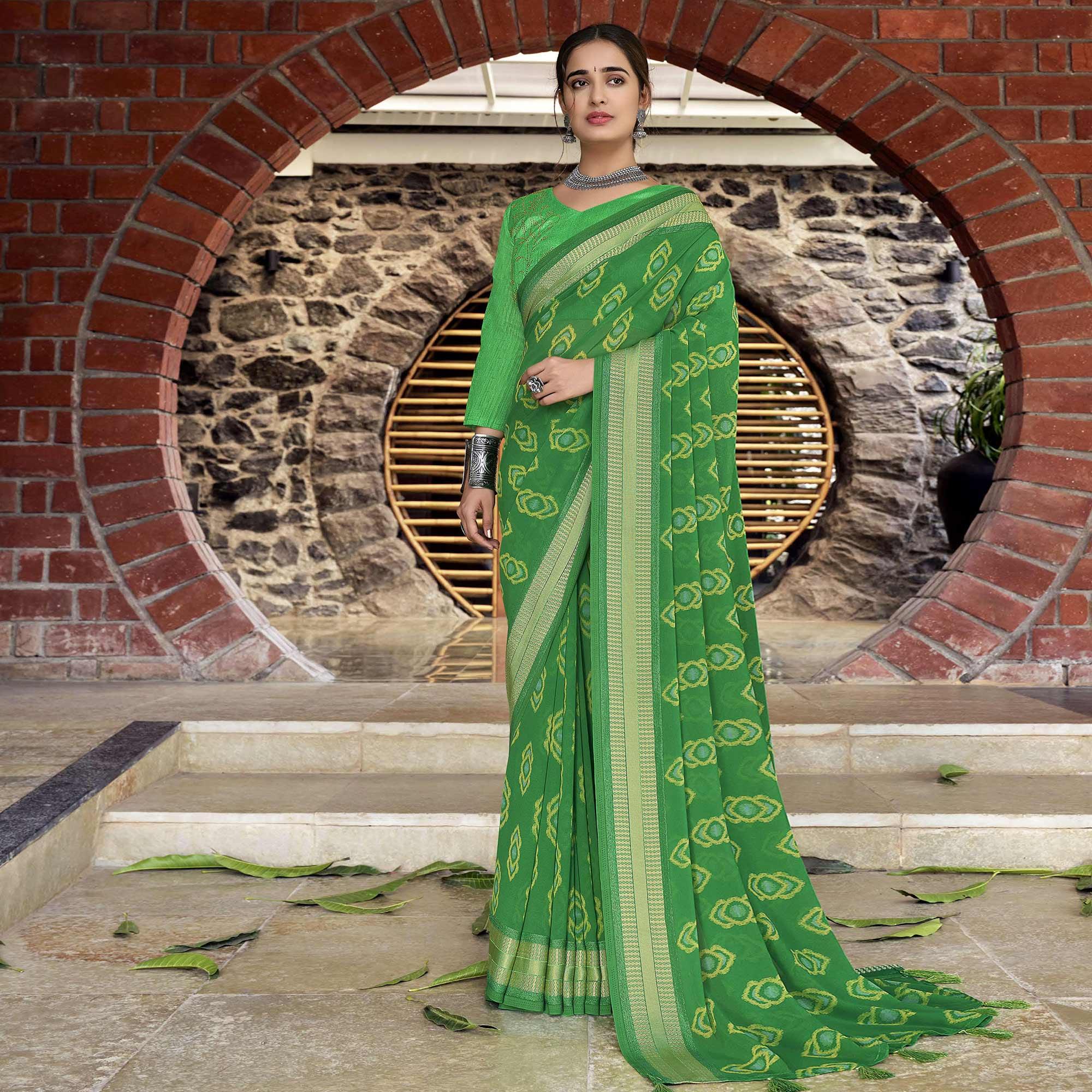 Green Festive Wear Woven Pure Georgette Saree - Peachmode