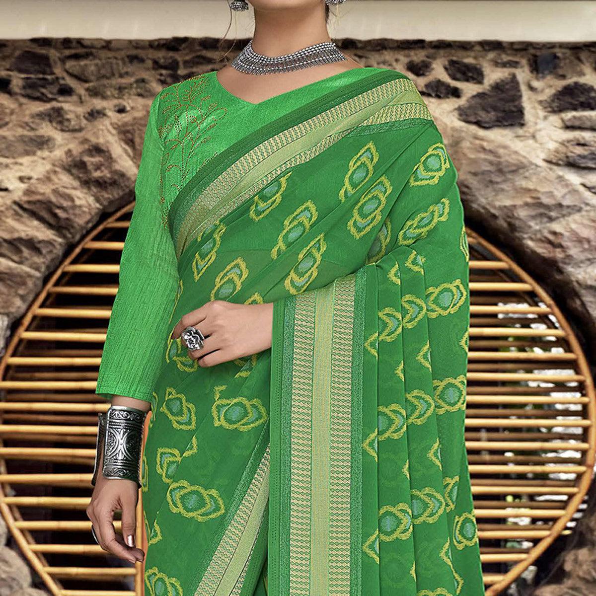 Green Festive Wear Woven Pure Georgette Saree - Peachmode