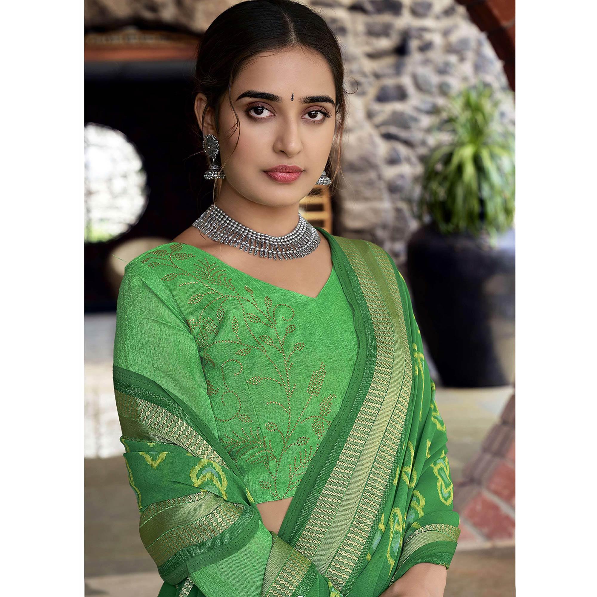 Green Festive Wear Woven Pure Georgette Saree - Peachmode