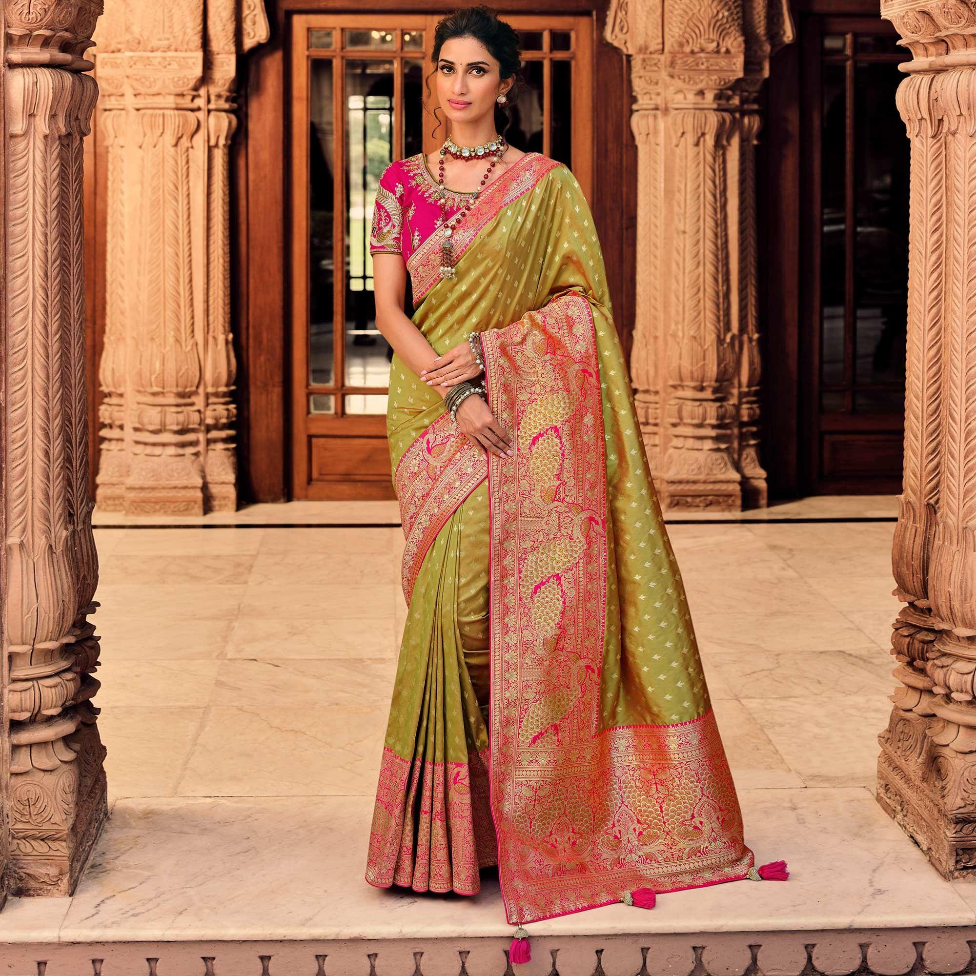 Green Festive Wear Woven Pure Silk Saree - Peachmode