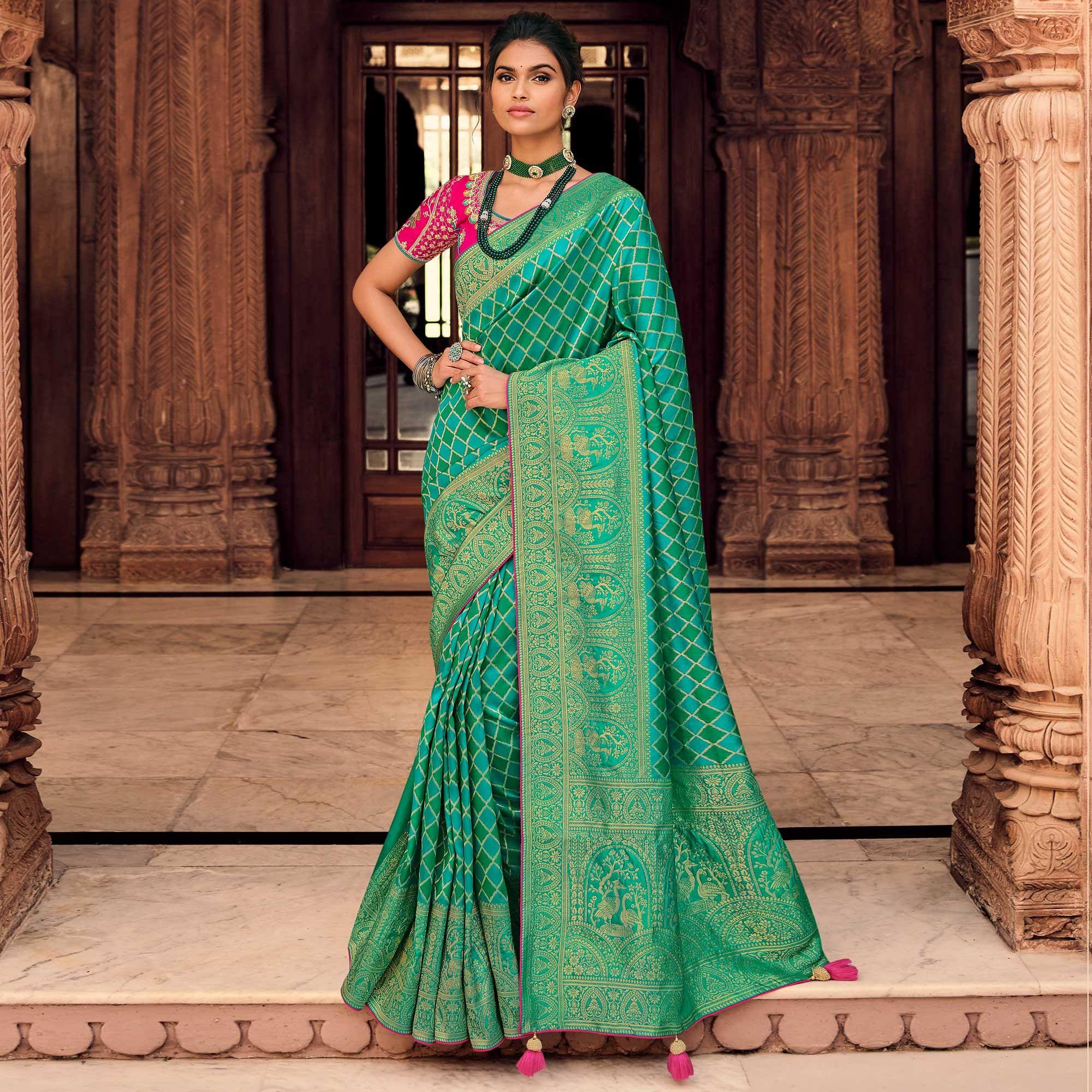 Green Festive Wear Woven Pure Silk Saree - Peachmode