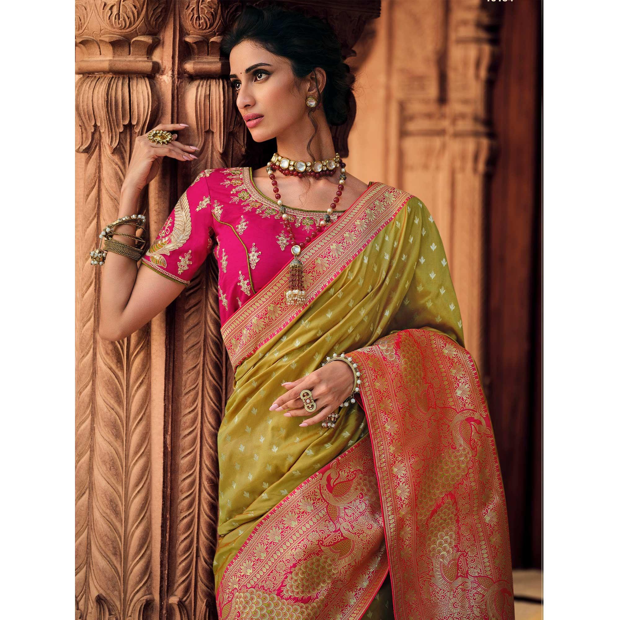 Green Festive Wear Woven Pure Silk Saree - Peachmode
