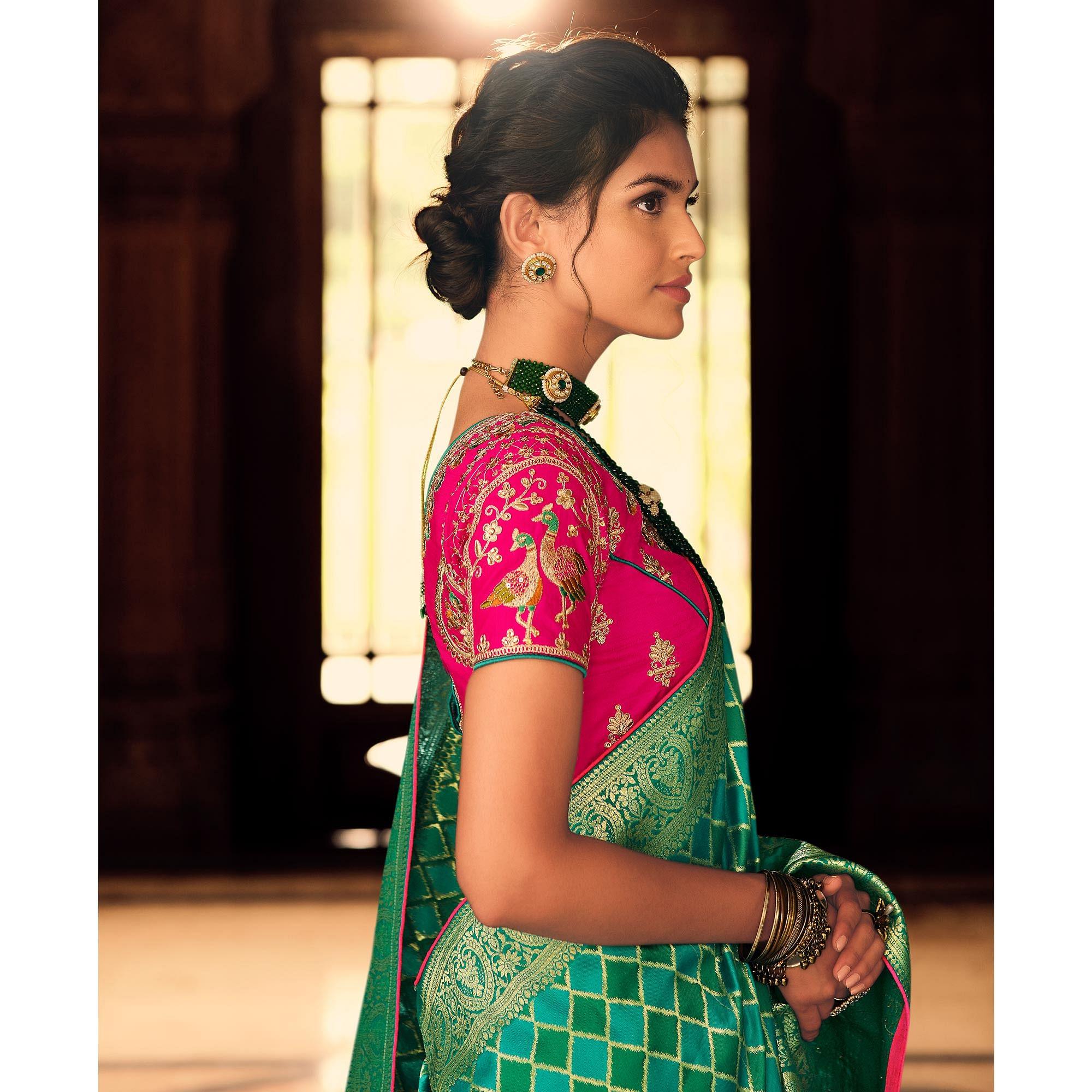 Green Festive Wear Woven Pure Silk Saree - Peachmode
