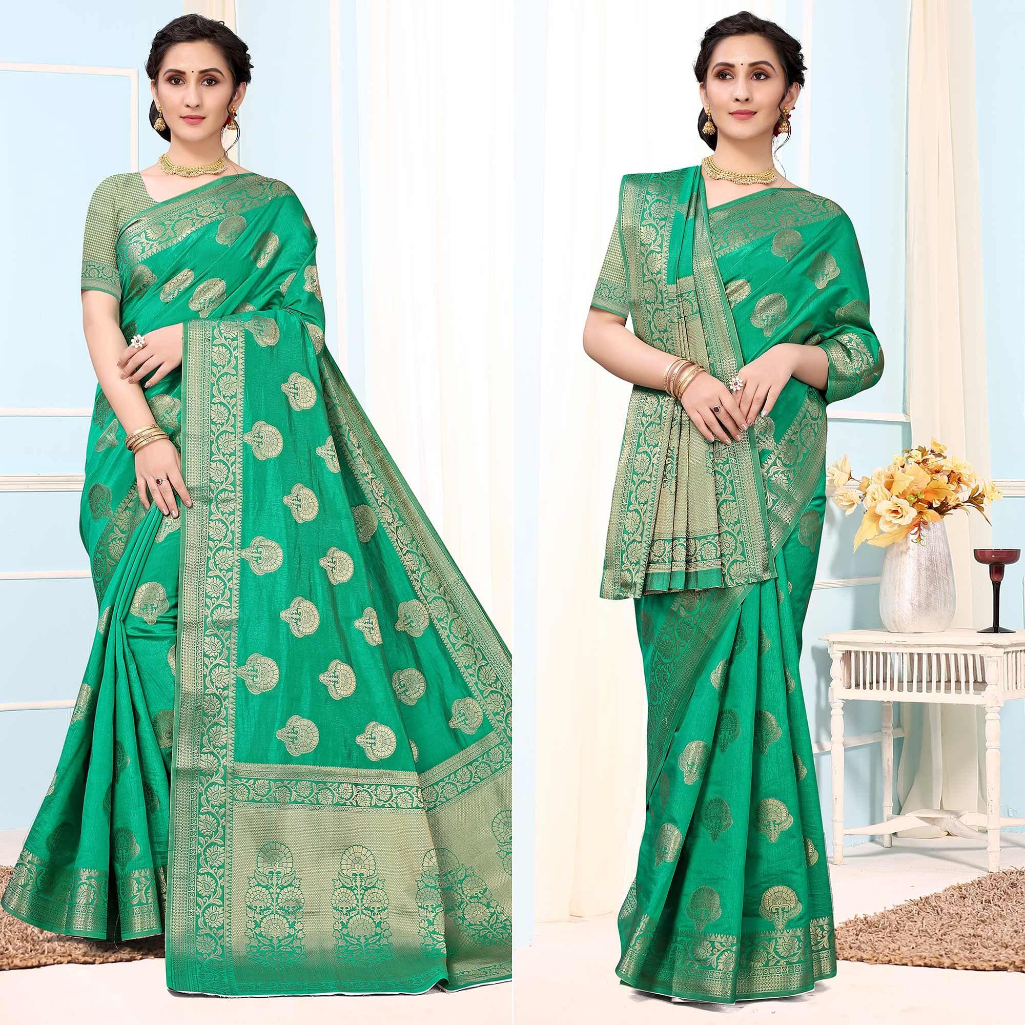Green Festive Wear Woven Raw Silk Saree - Peachmode