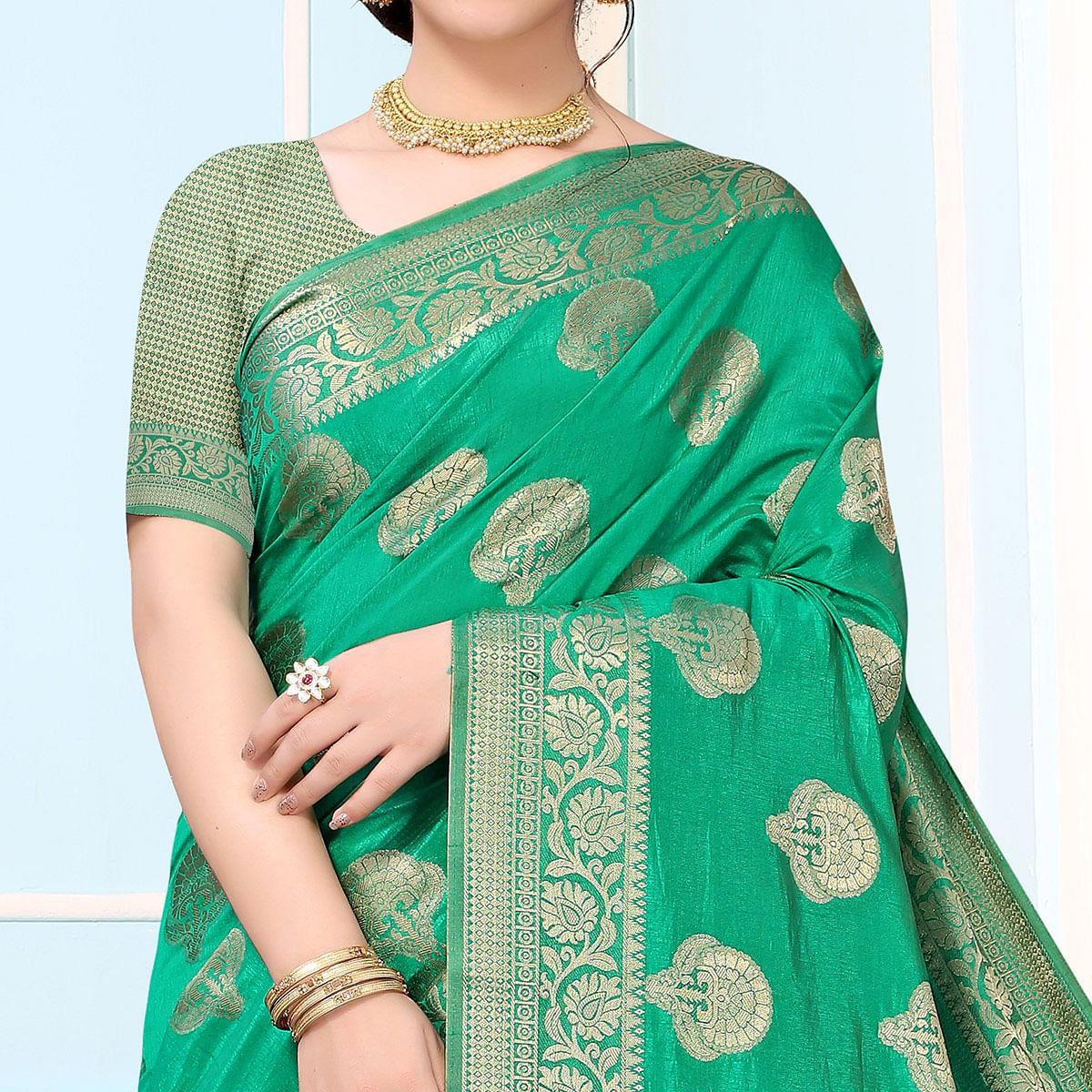 Green Festive Wear Woven Raw Silk Saree - Peachmode