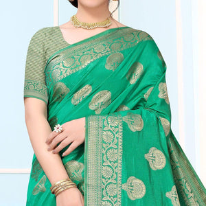 Green Festive Wear Woven Raw Silk Saree - Peachmode