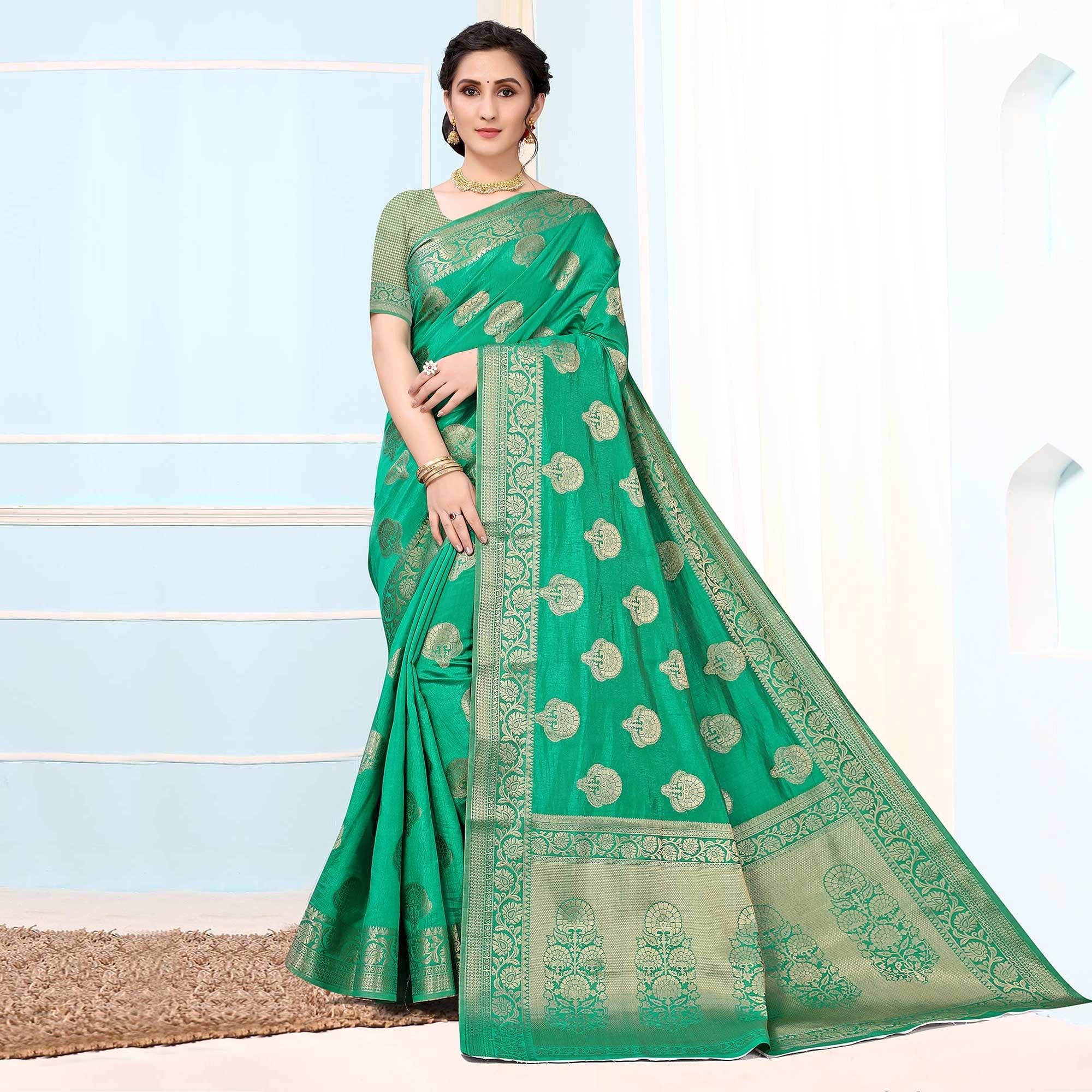 Green Festive Wear Woven Raw Silk Saree - Peachmode