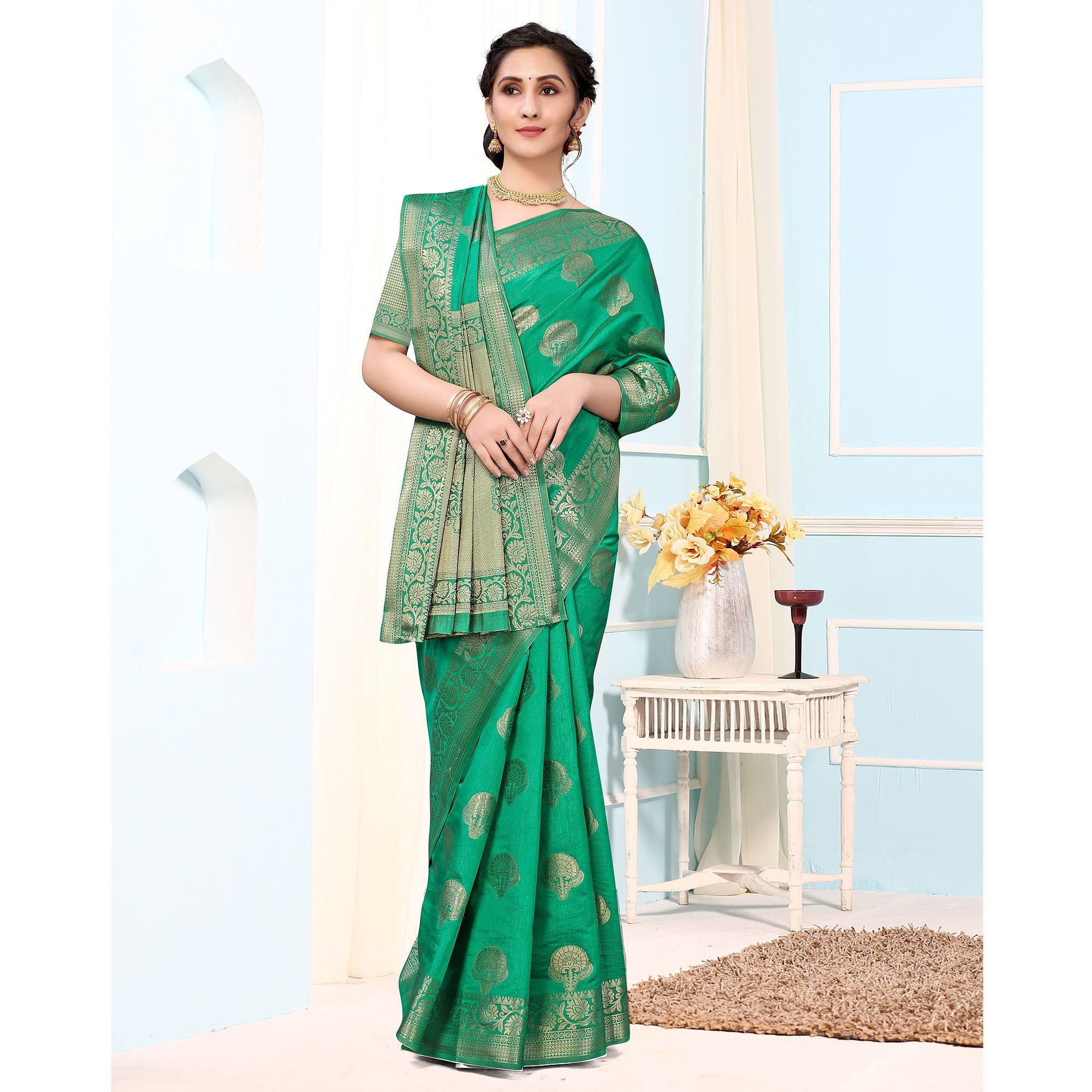 Green Festive Wear Woven Raw Silk Saree - Peachmode