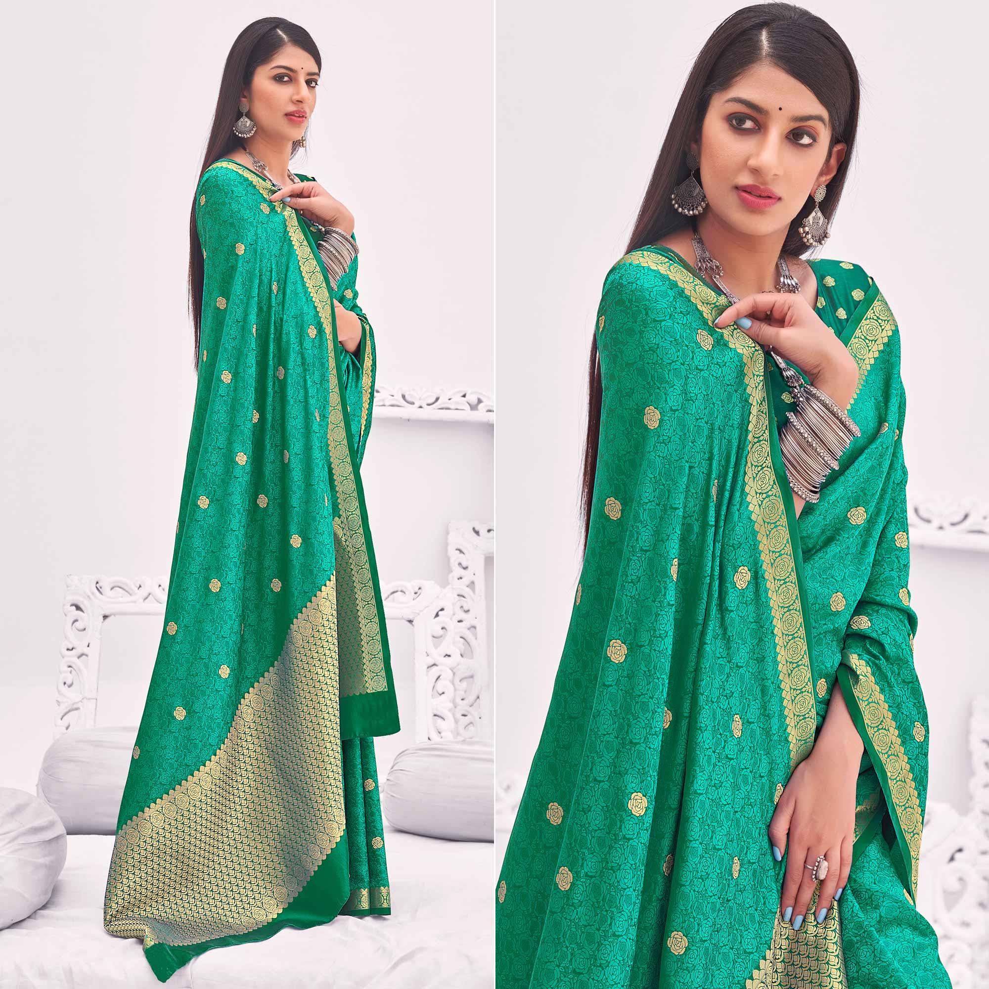 Green Festive Wear Woven Satin Saree - Peachmode