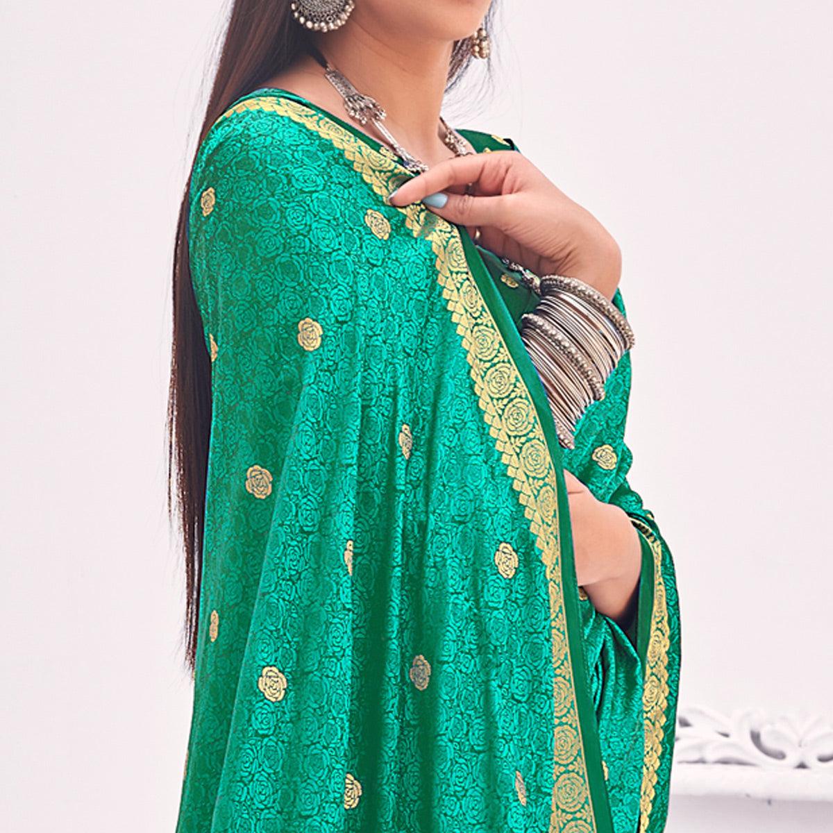 Green Festive Wear Woven Satin Saree - Peachmode