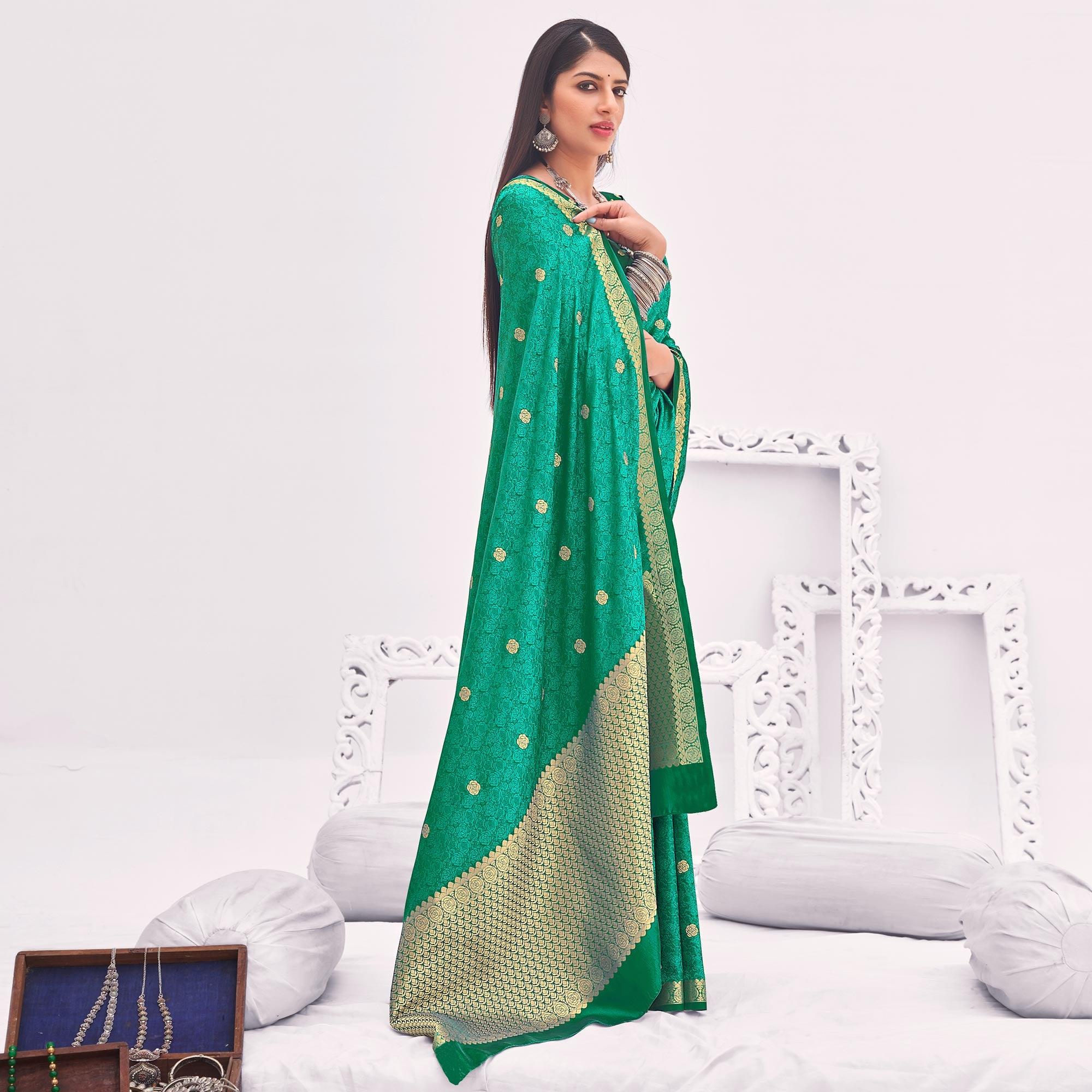 Green Festive Wear Woven Satin Saree - Peachmode