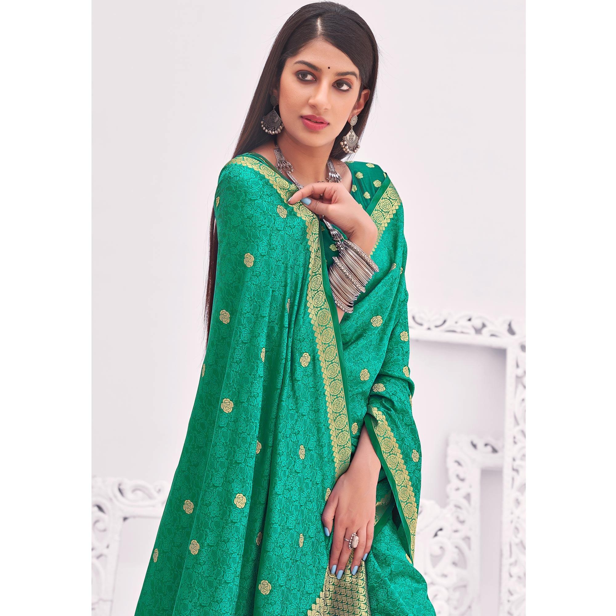 Green Festive Wear Woven Satin Saree - Peachmode