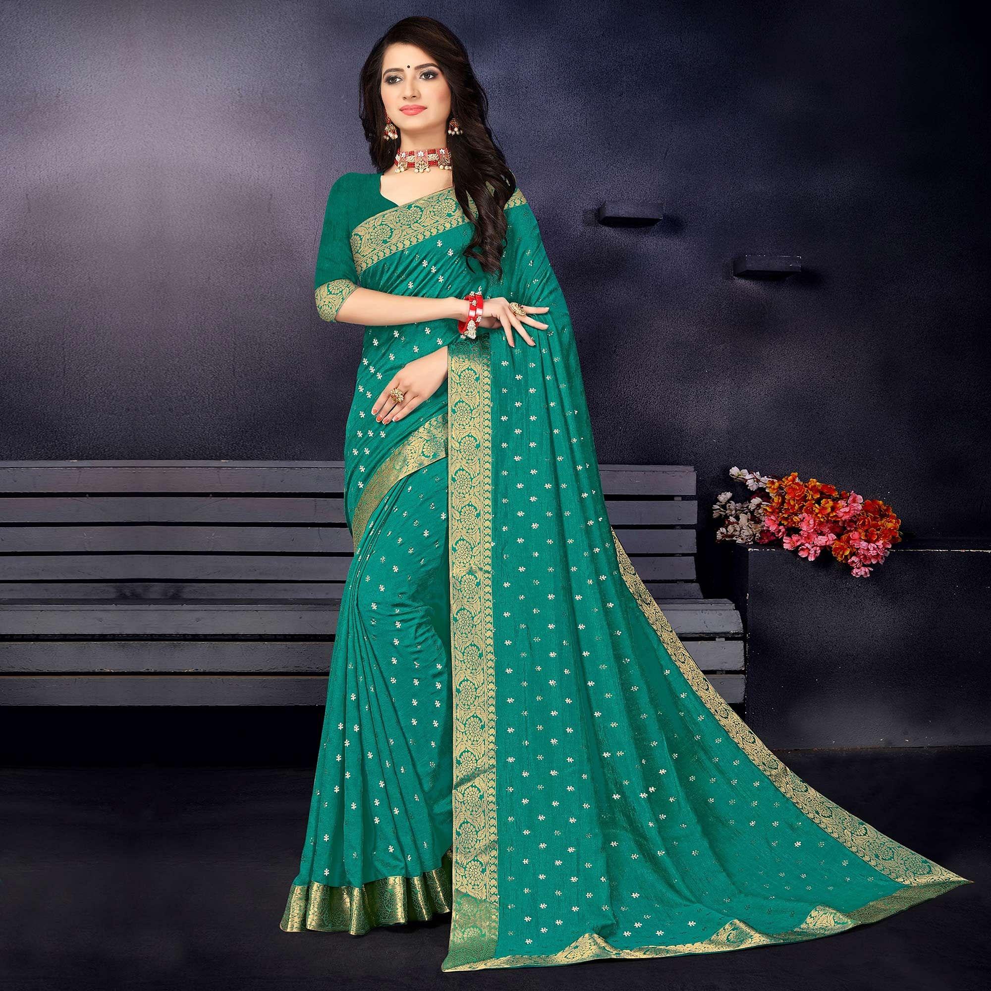Green Festive Wear Woven Silk Designer Saree - Peachmode