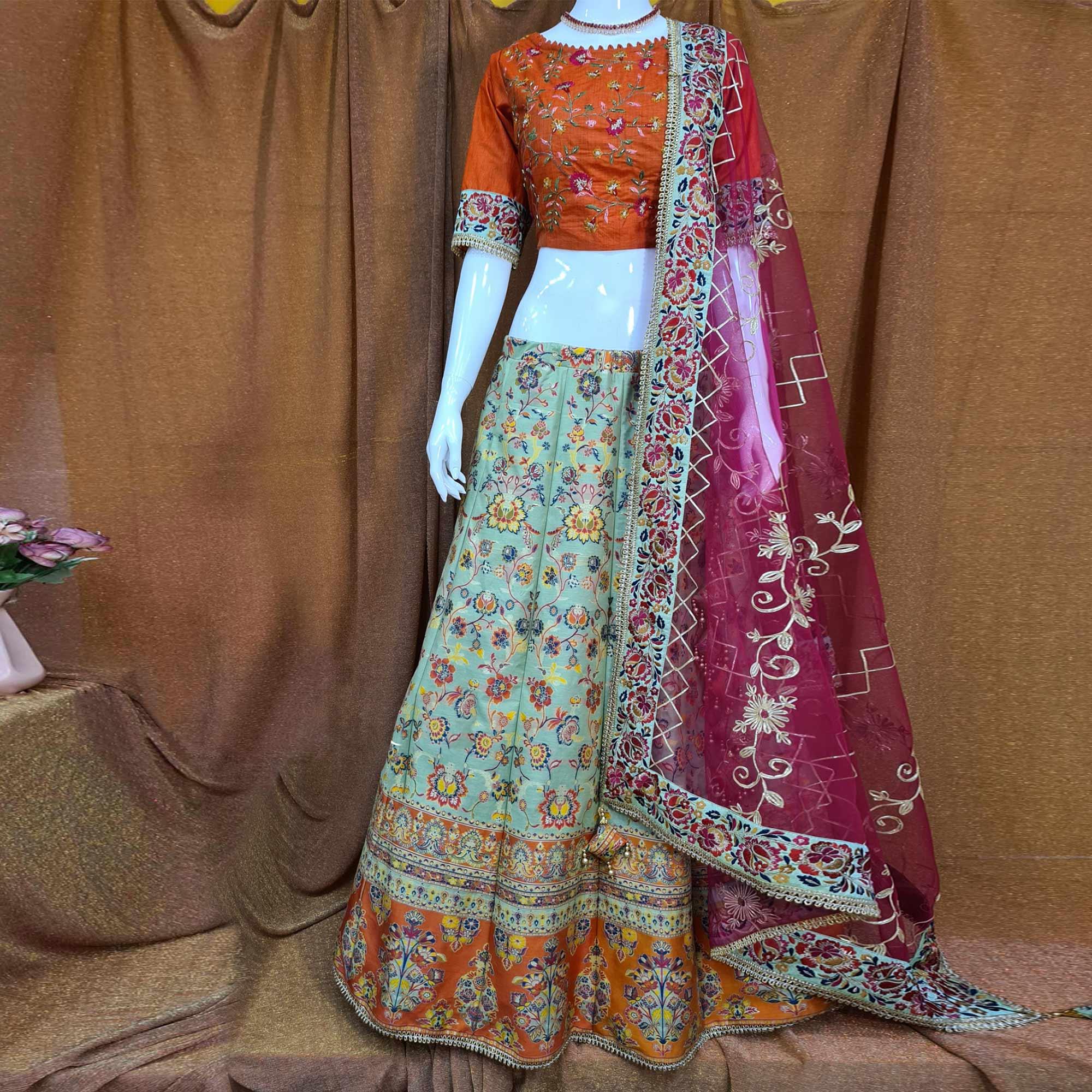 Green Festive Wear Woven Silk Lehenga Choli - Peachmode