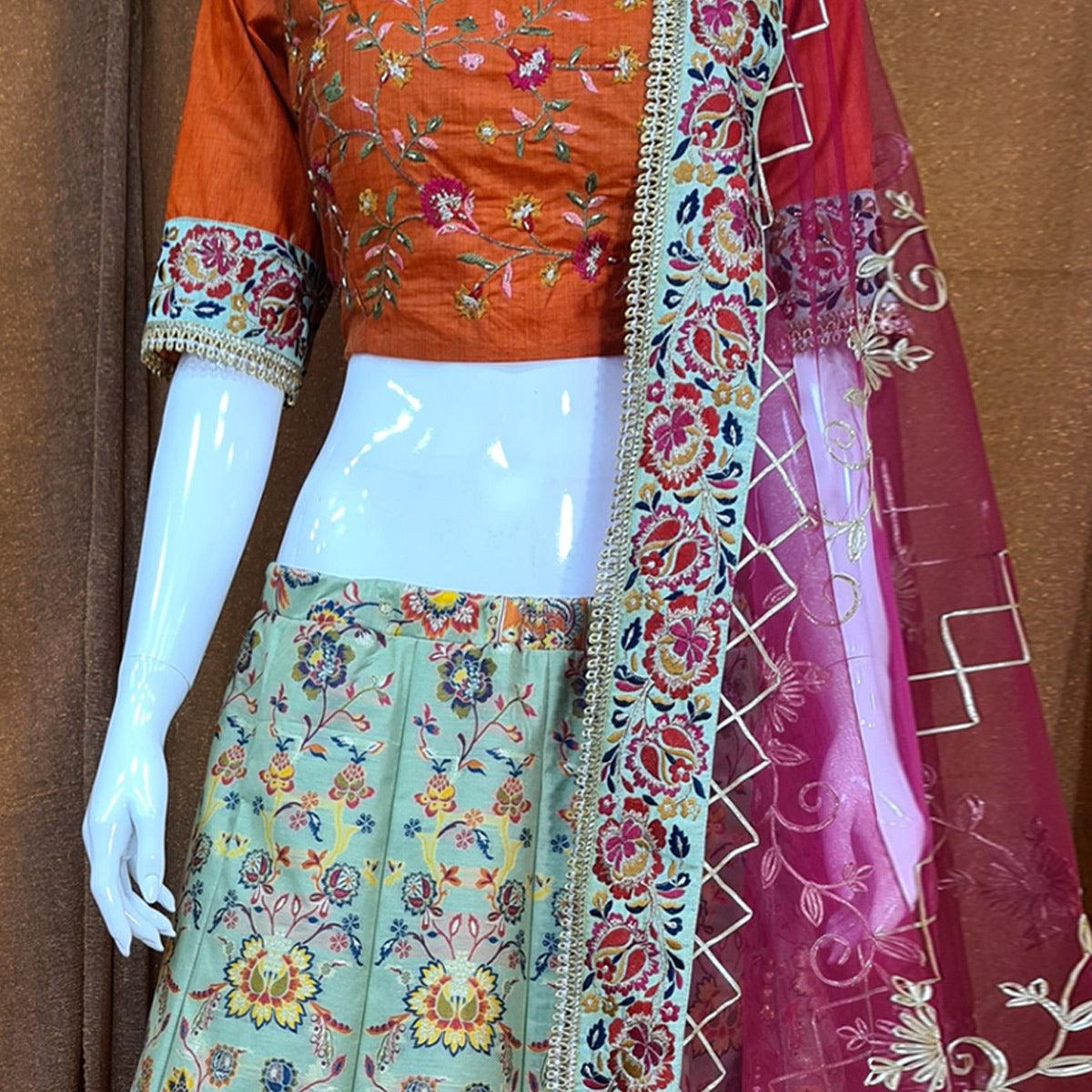 Green Festive Wear Woven Silk Lehenga Choli - Peachmode