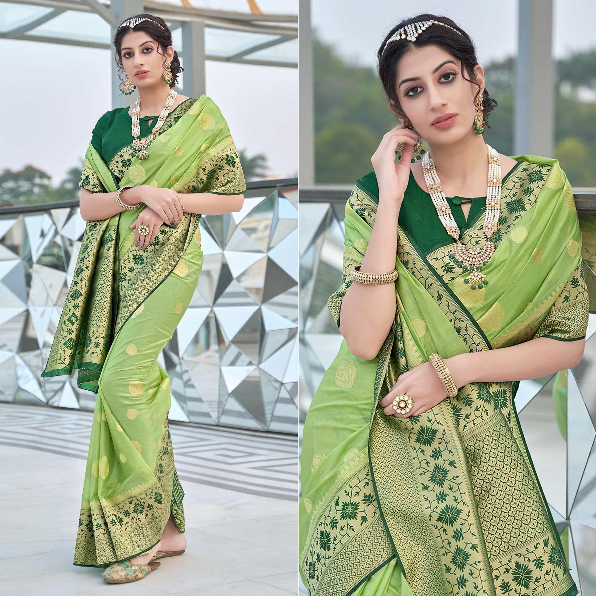 Green Festive Wear Woven Silk Organza Saree - Peachmode