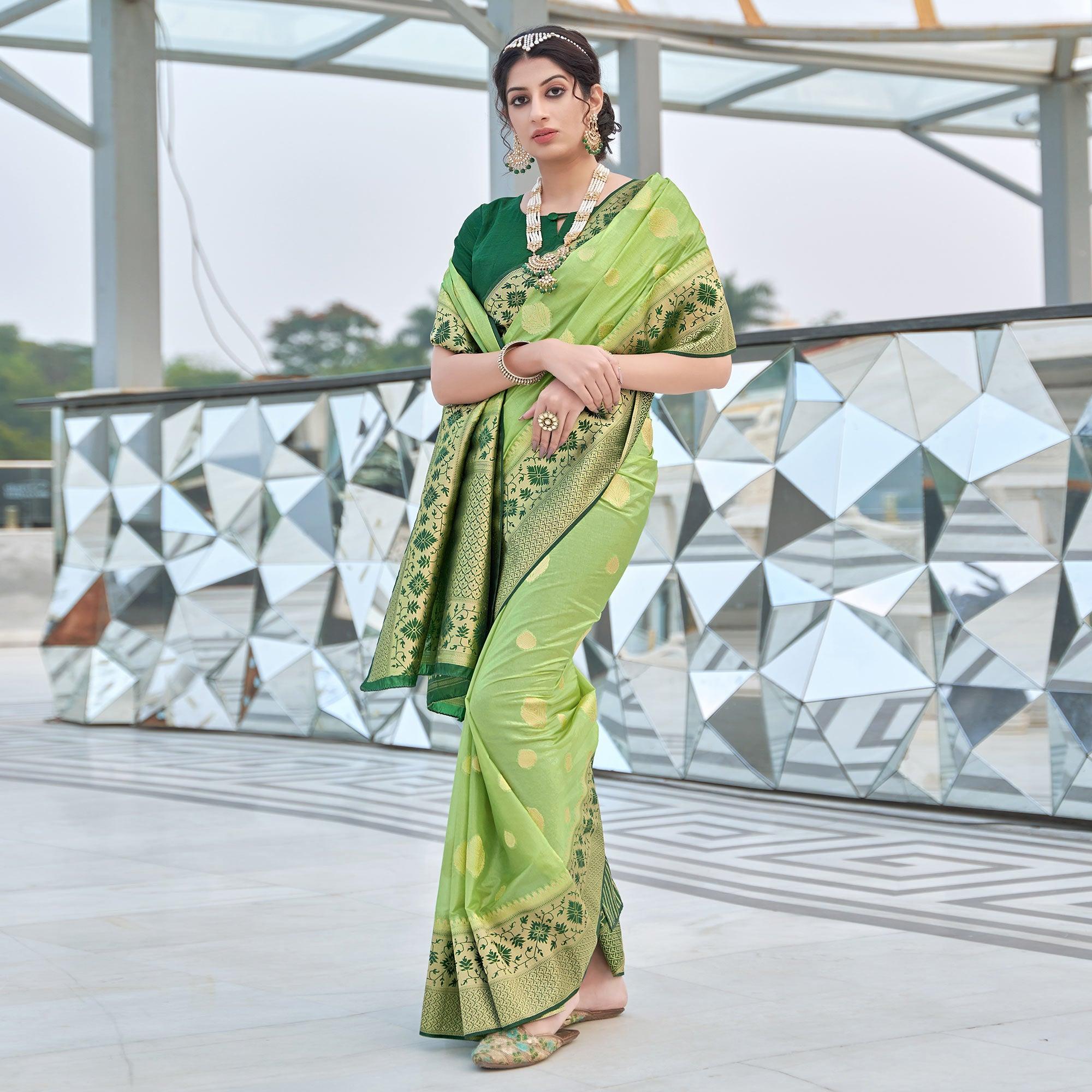 Green Festive Wear Woven Silk Organza Saree - Peachmode